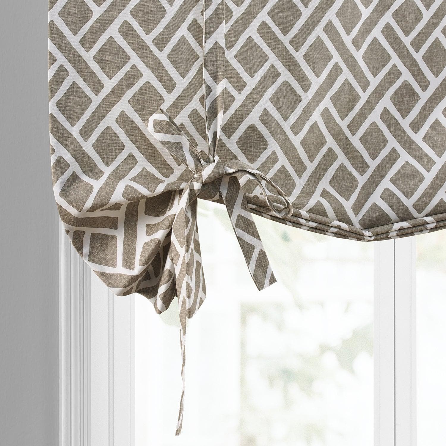 Martinique Taupe Geometric Printed Cotton Room Darkening Tie Up Window Shade - Elegant Window Treatment for Bedroom, Living Room & Home Office