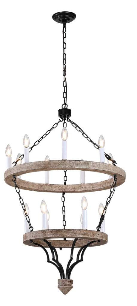 Joselyn Grand 15-Light French Country Cottage Rustic Chandelier - Two-Tiered Wood Frame Ceiling Lamp (25.6 Inch Wide) - Perfect for Farmhouse Dining Room, Rustic Kitchen, or Bedroom Lighting
