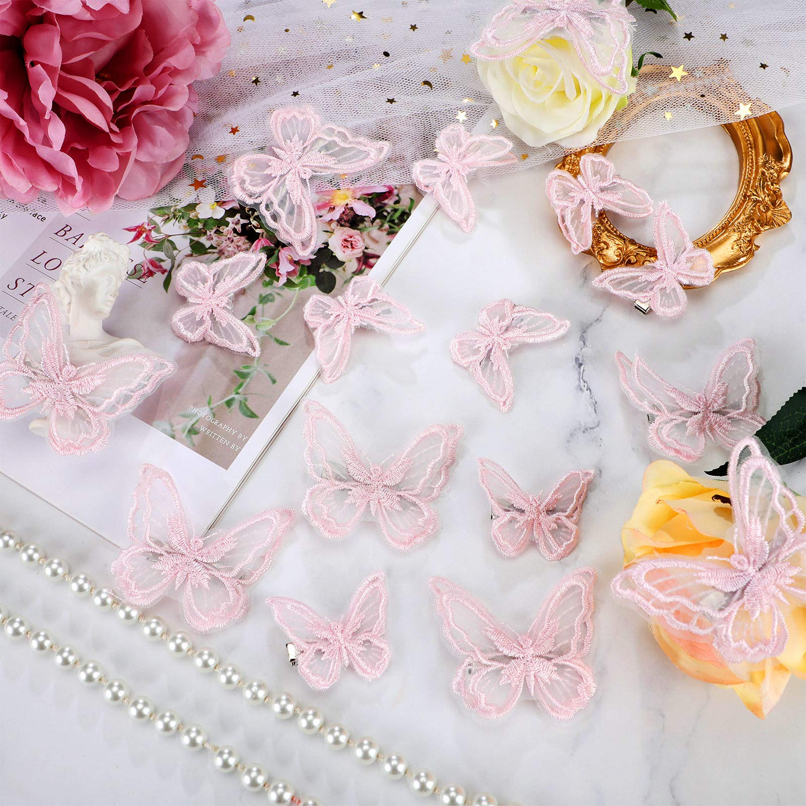 WILLBOND 18-Piece Butterfly Hair Clips Set - Lace Embroidery Hair Bows & Pins for Women (2 Sizes, Pink) | Halloween Costume Accessories, Cosplay, Party, Bridal & Everyday Hair Decorations