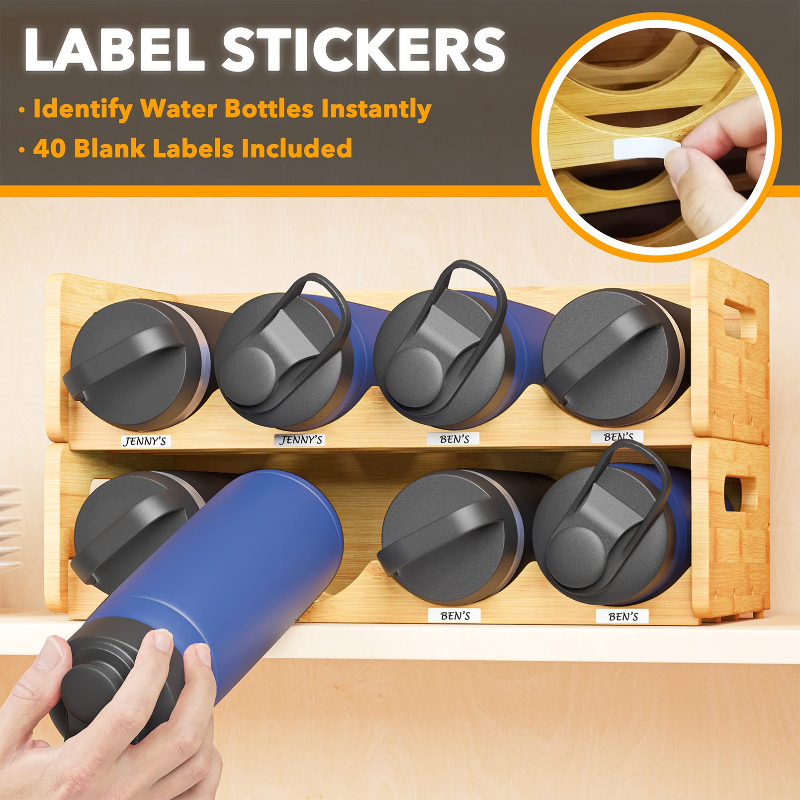SpaceAid 2-Pack Bamboo Water Bottle Organizer with Labels - 4-Slot Kitchen Pantry Storage Rack for Cabinets, Holds 8 Bottles - Perfect for Organizing Cups, Wine Bottles & Drinkware in Home, Office or RV