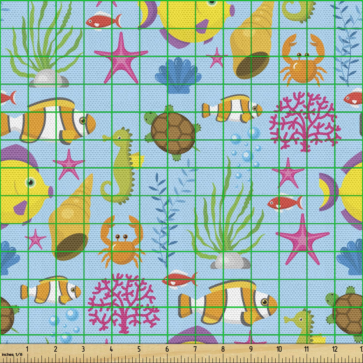 Lunarable Fish Themed Fabric by The Yard - Cartoon Sea Animals, Shells & Coral Print - Decorative Upholstery Fabric for Sofa, Curtains & Home Decor (10 Yards, Aqua Pink) | Perfect for DIY Crafts, Pillow Covers & Coastal-Themed Bedroom Designs