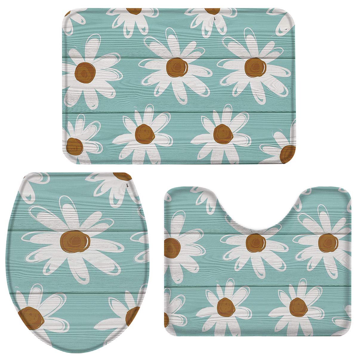 3Pcs Floral Bathroom Rug Set - Super Absorbent Quick Dry Shower Mats with Wooden Texture & Blue White Flowers Design - Bathroom Decor Accessories for Home, Spa, Hotel Use