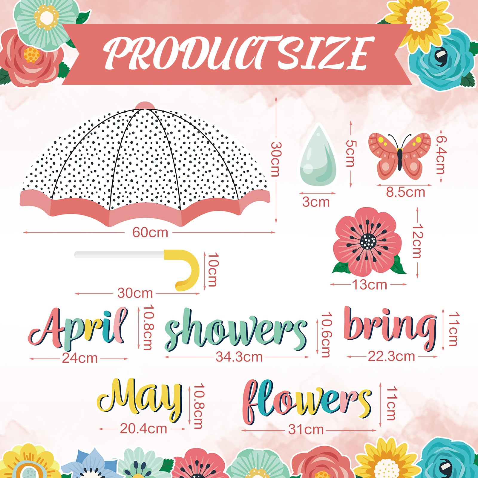 Gueevin Spring Bulletin Board Decorations - April Showers Bring May Flowers Cutouts for Classroom, Whiteboard, Window & Home Party Decor (Simple Style) - Perfect for Spring Classroom Themes, Seasonal Displays & DIY Home Decor