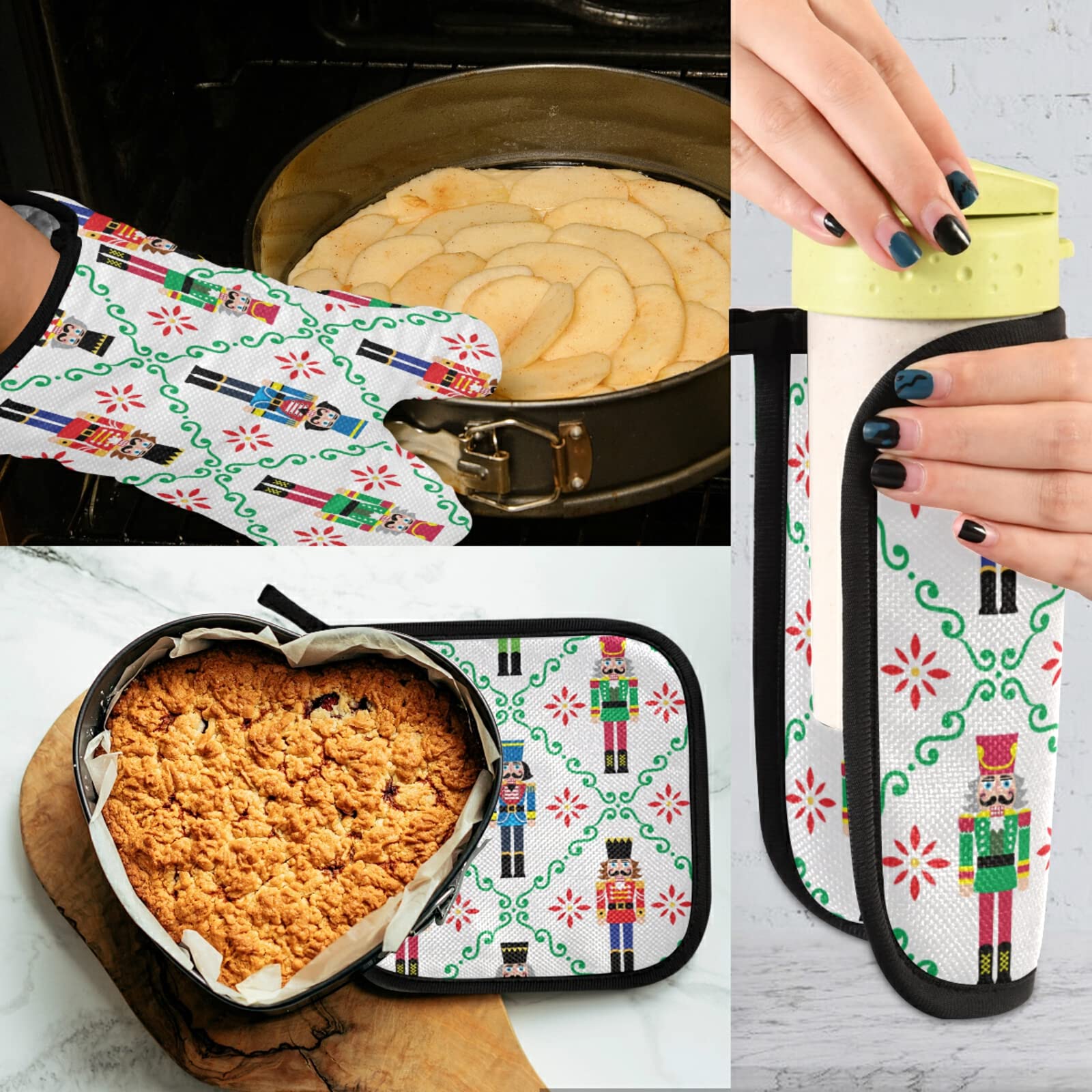 Christmas Nutcracker Oven Mitts & Pot Holders Set - Heat Resistant Kitchen Gloves for Baking, Cooking & BBQ - Festive Holiday Soldier Design for Xmas Decor & Gift