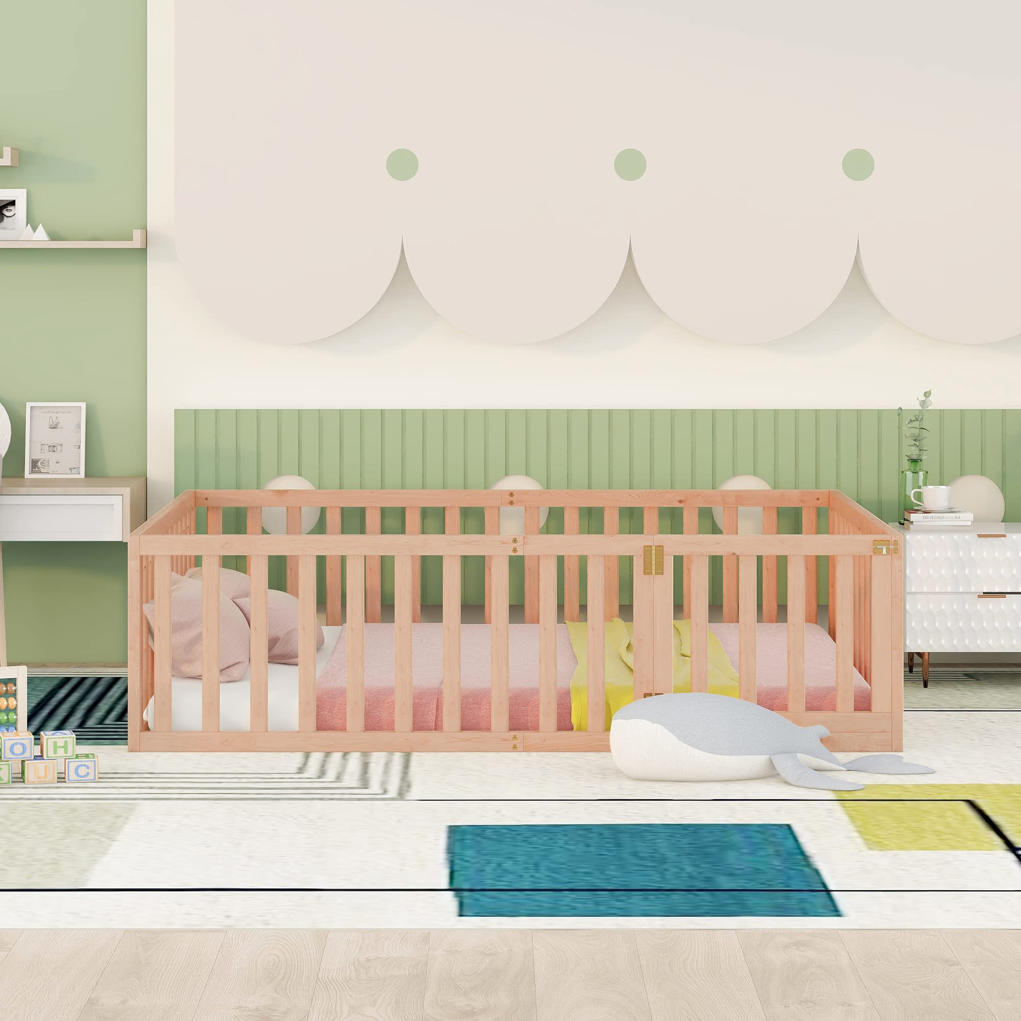 MERITLINE Full Size Wooden Bed Frame with Safety Fence for Kids Over 6 Years | Montessori Floor Bed with Door | Easy Assembly, No Box Spring Needed (Natural) - Perfect for Kids' Bedrooms, Playrooms & Montessori Learning Spaces