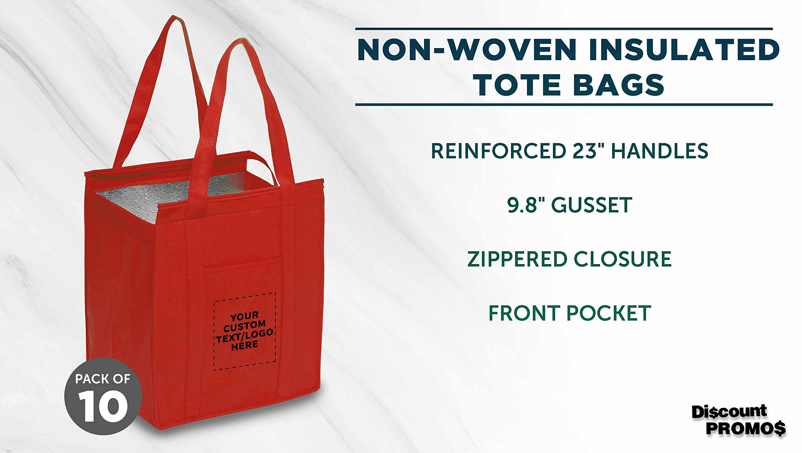 Custom Non-Woven Insulated Tote Bags - Set of 10 Reusable Personalized Bulk Pack - Eco-Friendly Shopping, Picnic, Camping & Beach Essentials - Perfect for Groceries, Outdoor Activities & Corporate Gifts - Red