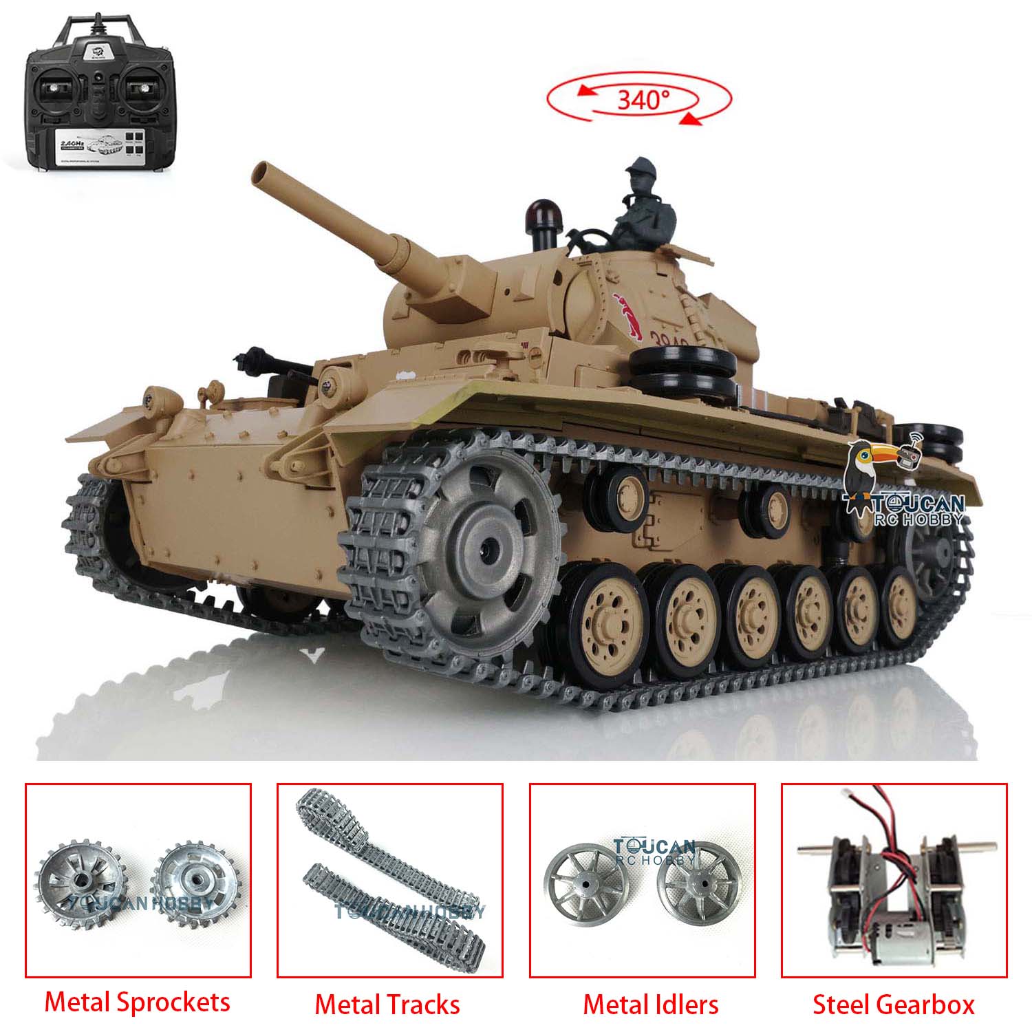 1/16 Henglong 7.0 Upgraded German Panzer III H RTR RC Tank Model 3849 with Metal Tracks, 340° Rotating Turret & IR BB Shooting - US Stock - Perfect for Military Enthusiasts, Collectors and RC Battle Games