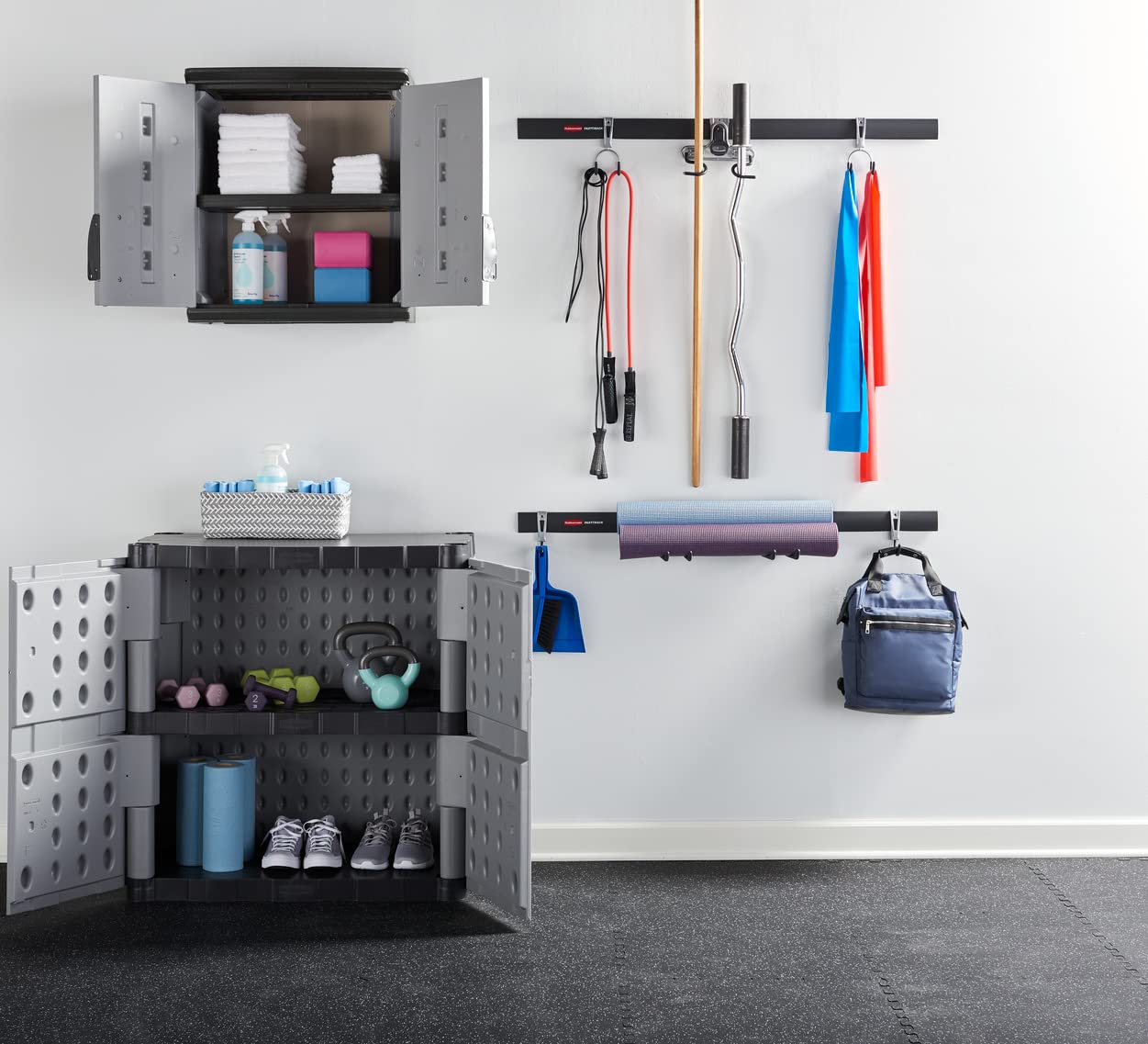 Rubbermaid Heavy Duty Wall Mounted Storage Cabinet - 150 lb Capacity, Lockable Gray 3-Shelf Organizer for Tools, Car Accessories & Cleaning Supplies | Perfect for Garage, Home & Outdoor Storage Organization