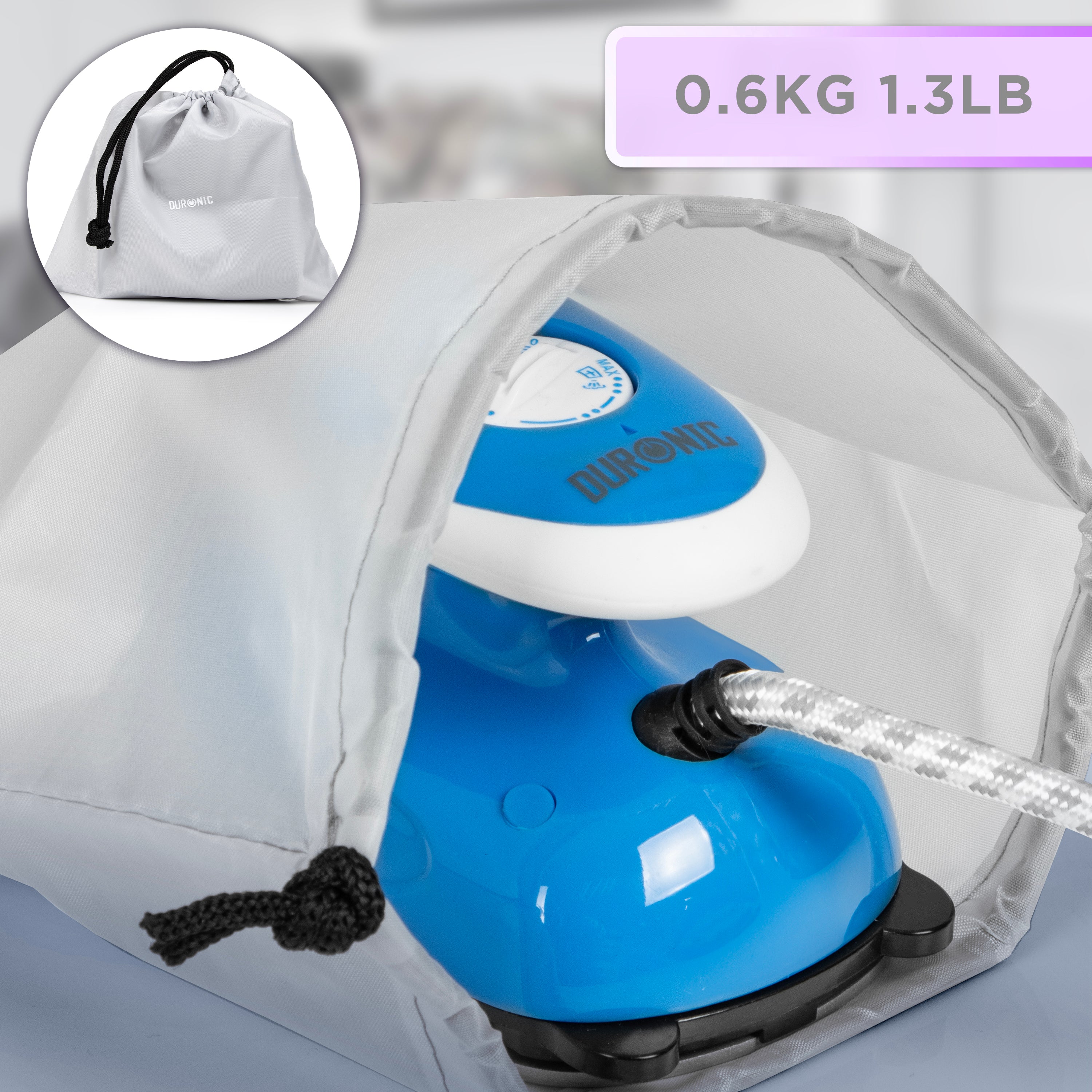 Duronic Si2 BE Mini Travel Iron - 375W Compact Steamer with 50ml Water Tank, Adjustable Heat Settings & Brush - Perfect for Quilting, Patchwork, Applique & Crafts - Ideal for Travel, Holidays & Home Use - Blue