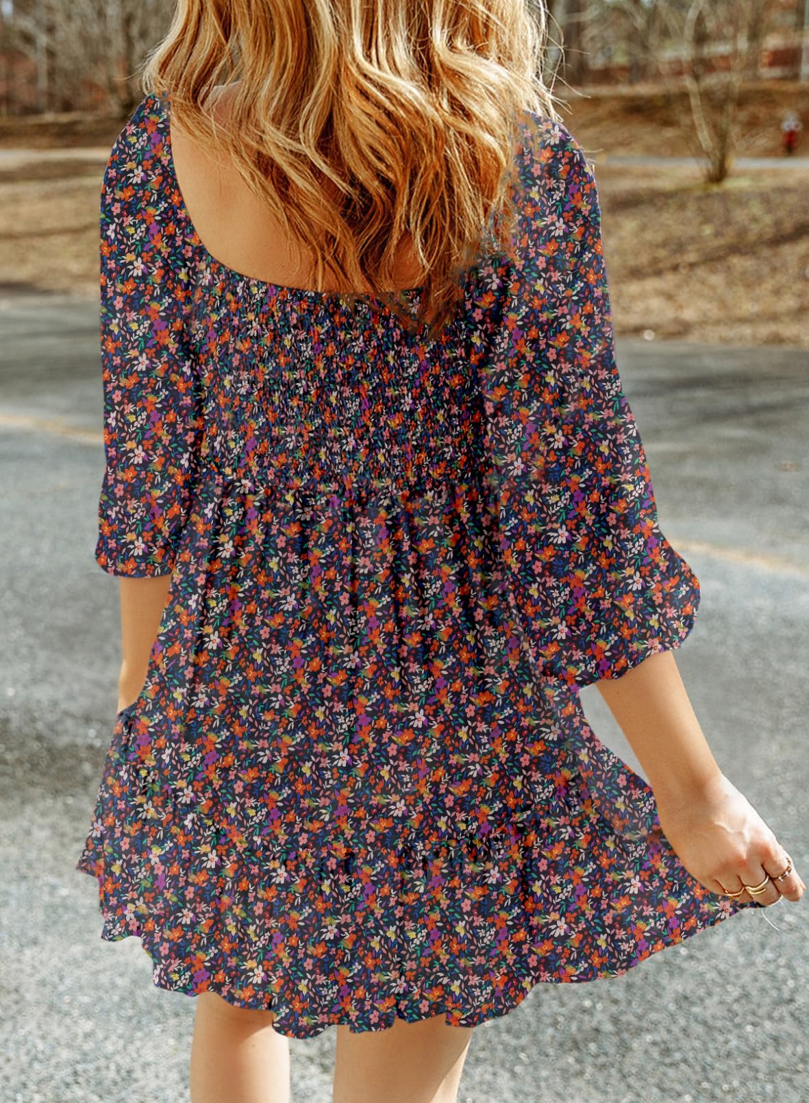 Dokotoo Women's 2025 Spring Floral Boho Dress - Square Neck, Smocked 3/4 Sleeve A-Line Mini Sundress for Casual Wear | Perfect for Beach Vacations, Summer Parties & Date Nights