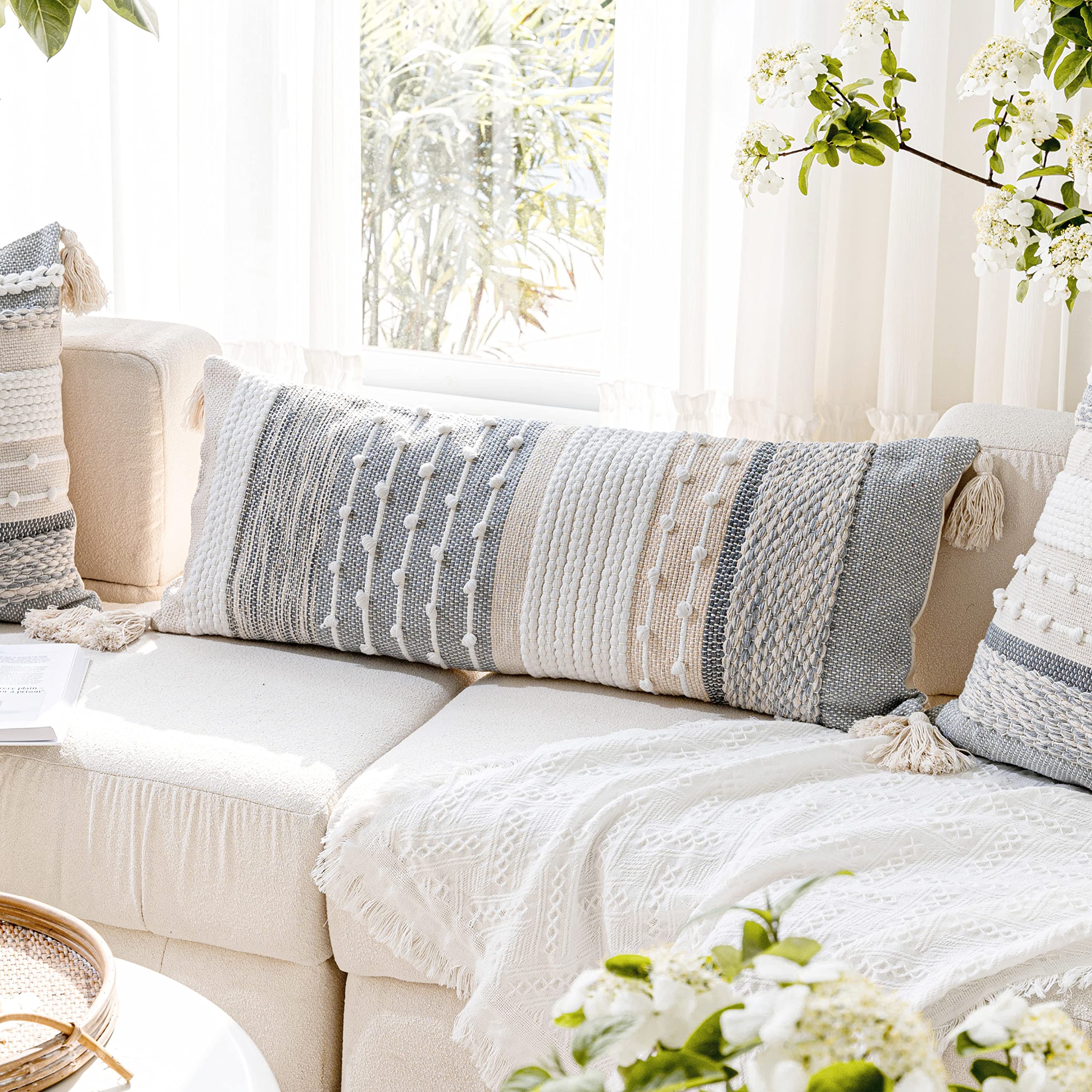 Gray Boho Lumbar Pillow Cover 14x36 - Modern Woven Textured Decorative Throw Pillow Case for Sofa, Bed & Couch - Bohemian Home Decor Accent for Living Room, Bedroom & Nursery