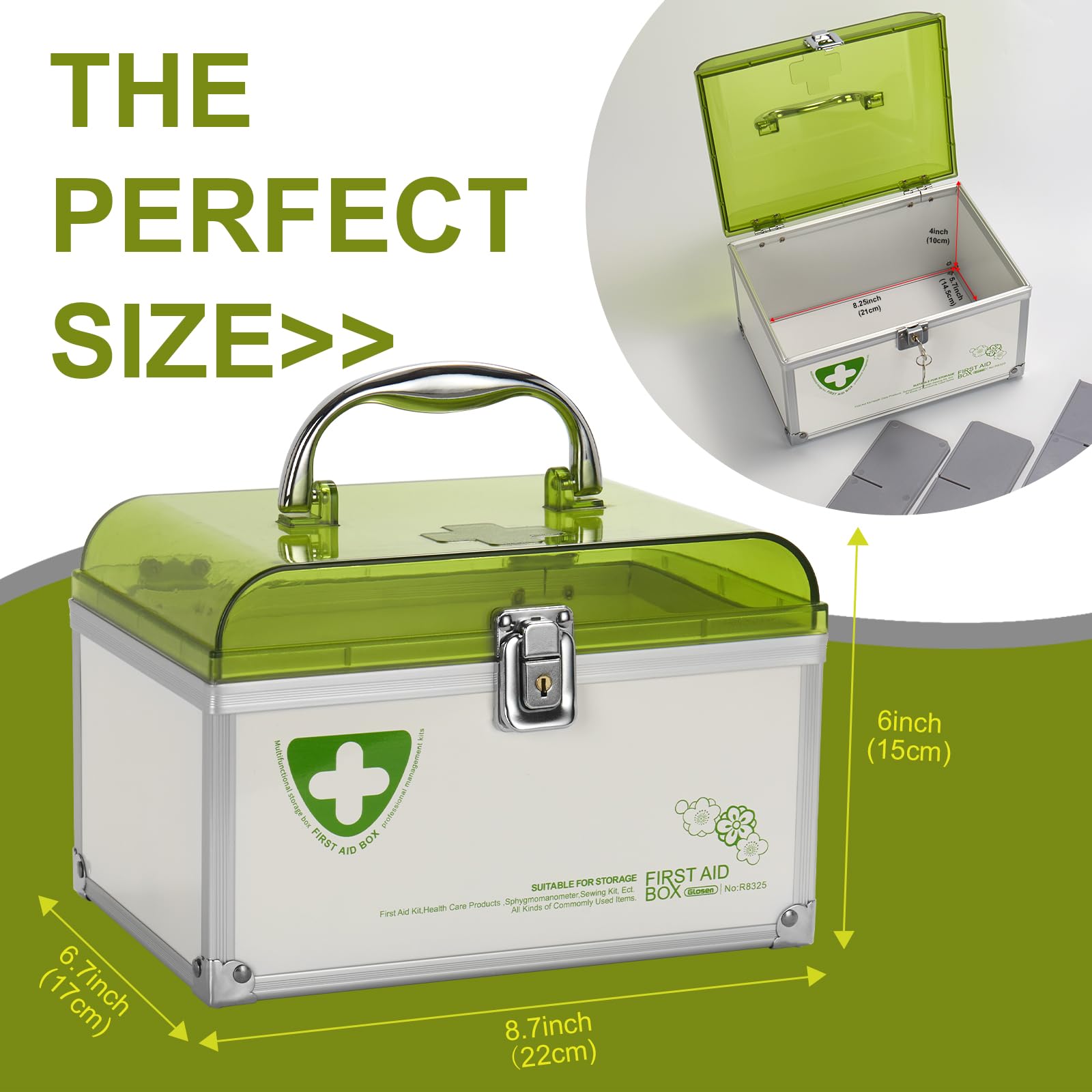 Lockable Medicine Storage Box with Key - 8.5 x 5.8 x 5.5 Inch Secure First Aid Organizer (Green) - Perfect for Home, Travel & Child Safety Medication Storage