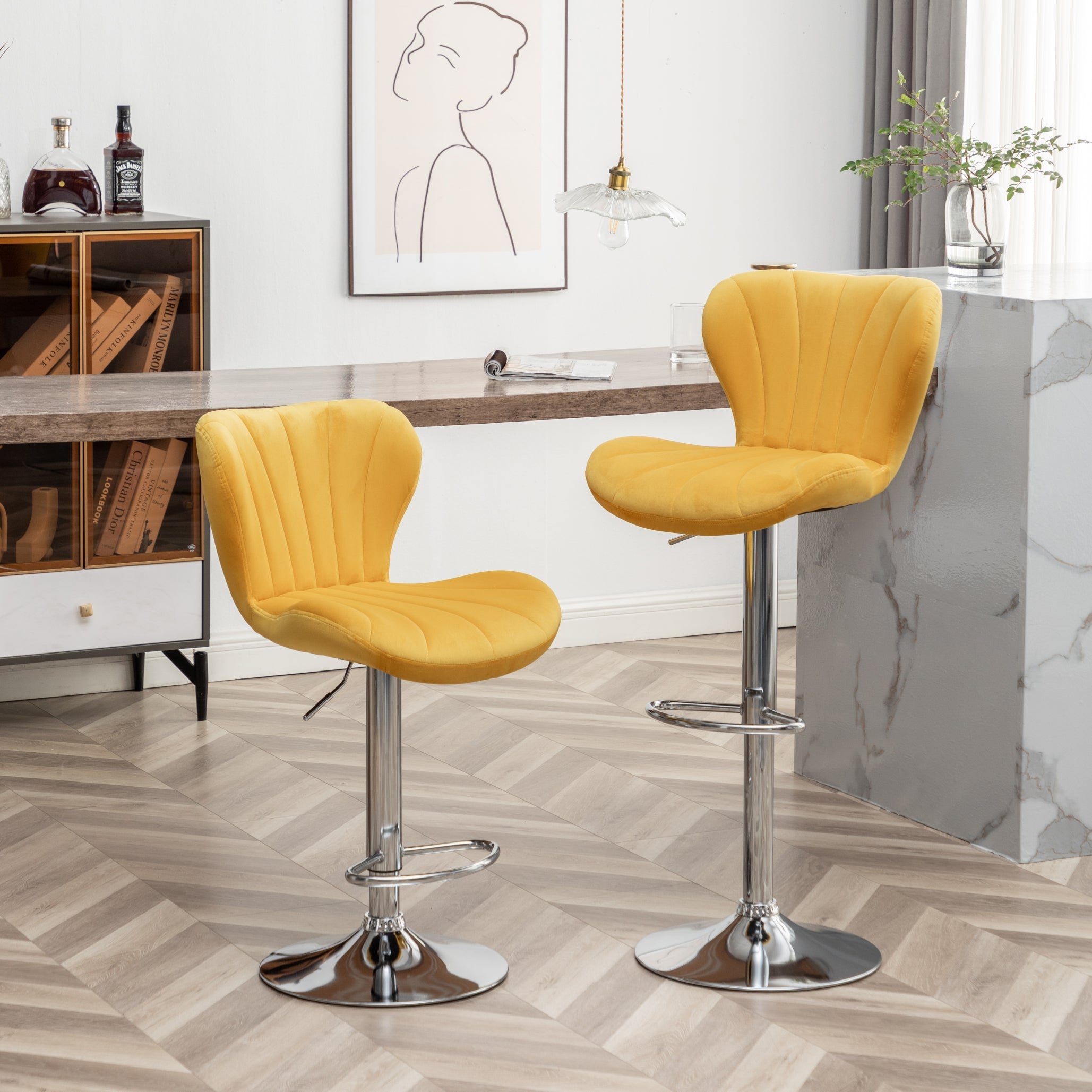 Roundhill Furniture Ellston Upholstered Adjustable Swivel Bar Stools in Yellow, Set of 2 - Modern Kitchen Counter Stools for Dining, Bar & Breakfast Nook
