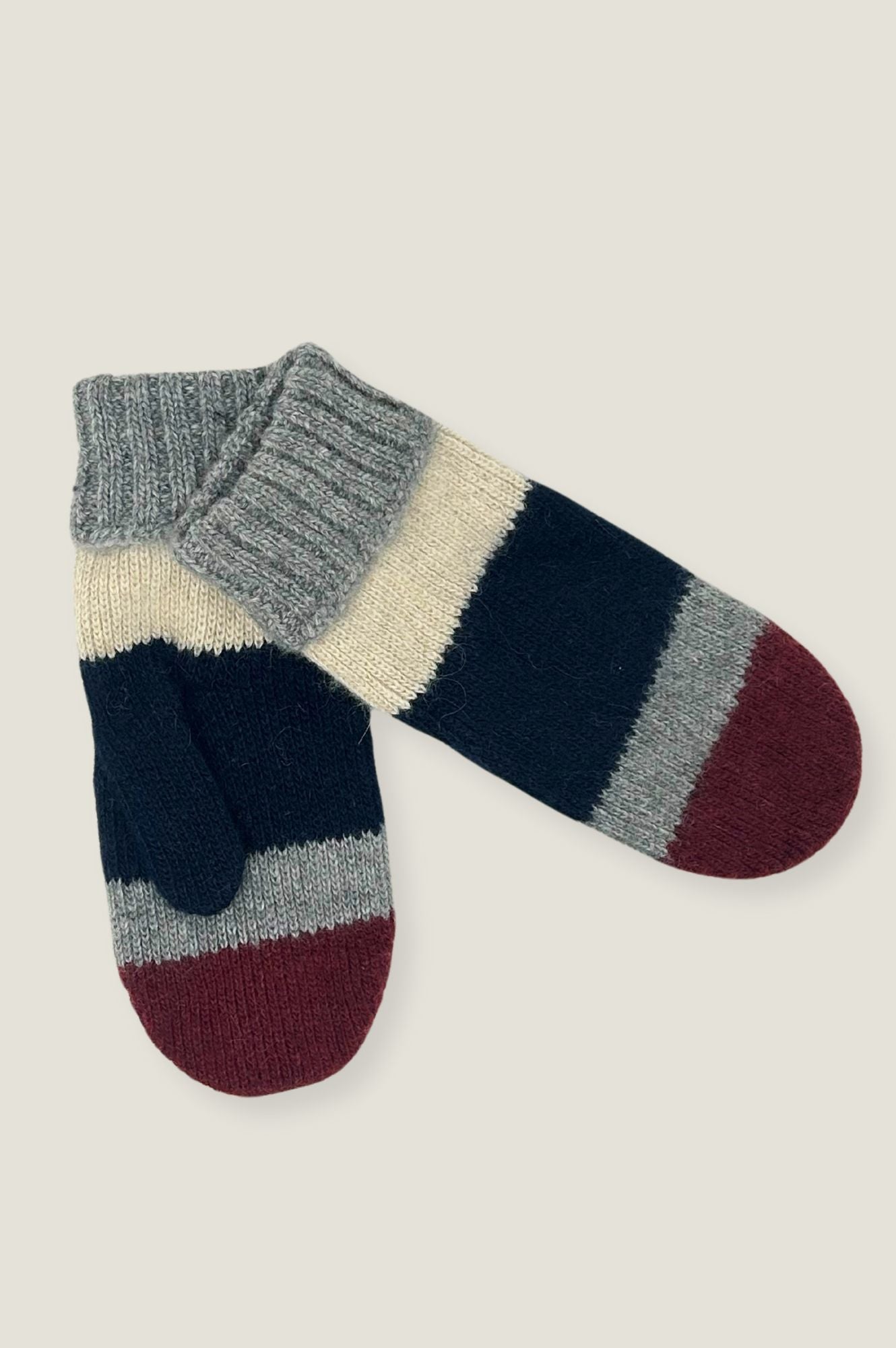 Warm Striped Wool & Cashmere Blend Mittens for Women & Men - Navy, Grey, Burgundy Winter Gloves | Perfect for Cold Weather, Snow Activities & Outdoor Adventures