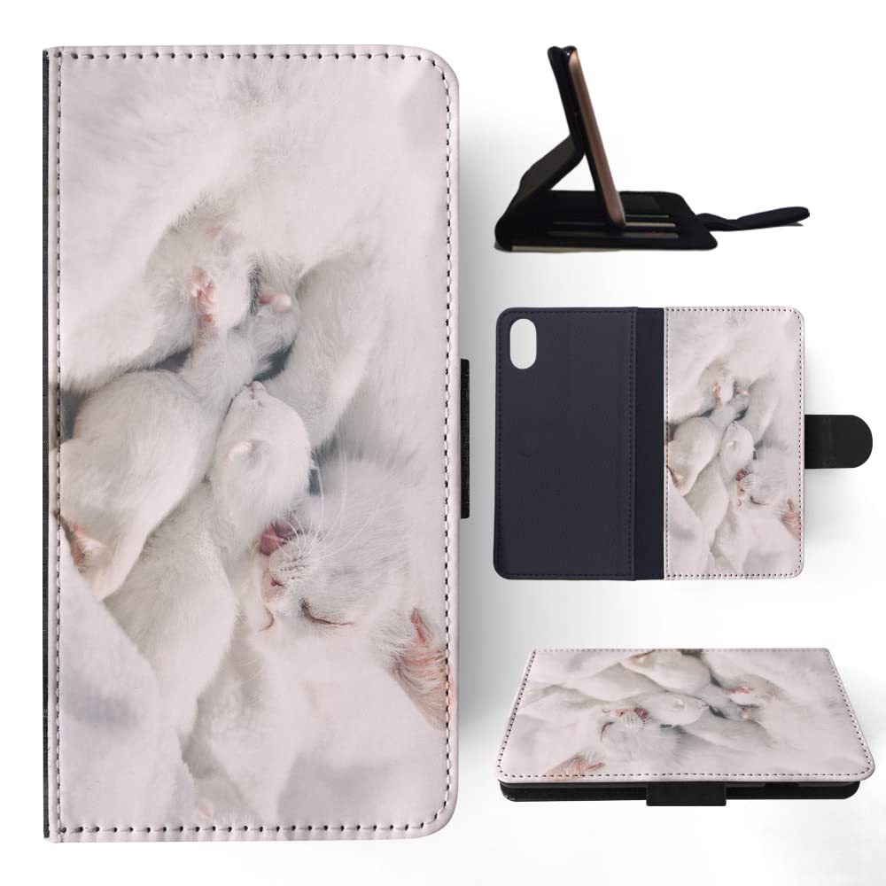 Cute White Cat with Kittens Flip Wallet Phone Case Cover for Apple iPhone X & iPhone Xs - Perfect for Cat Lovers & Everyday Use