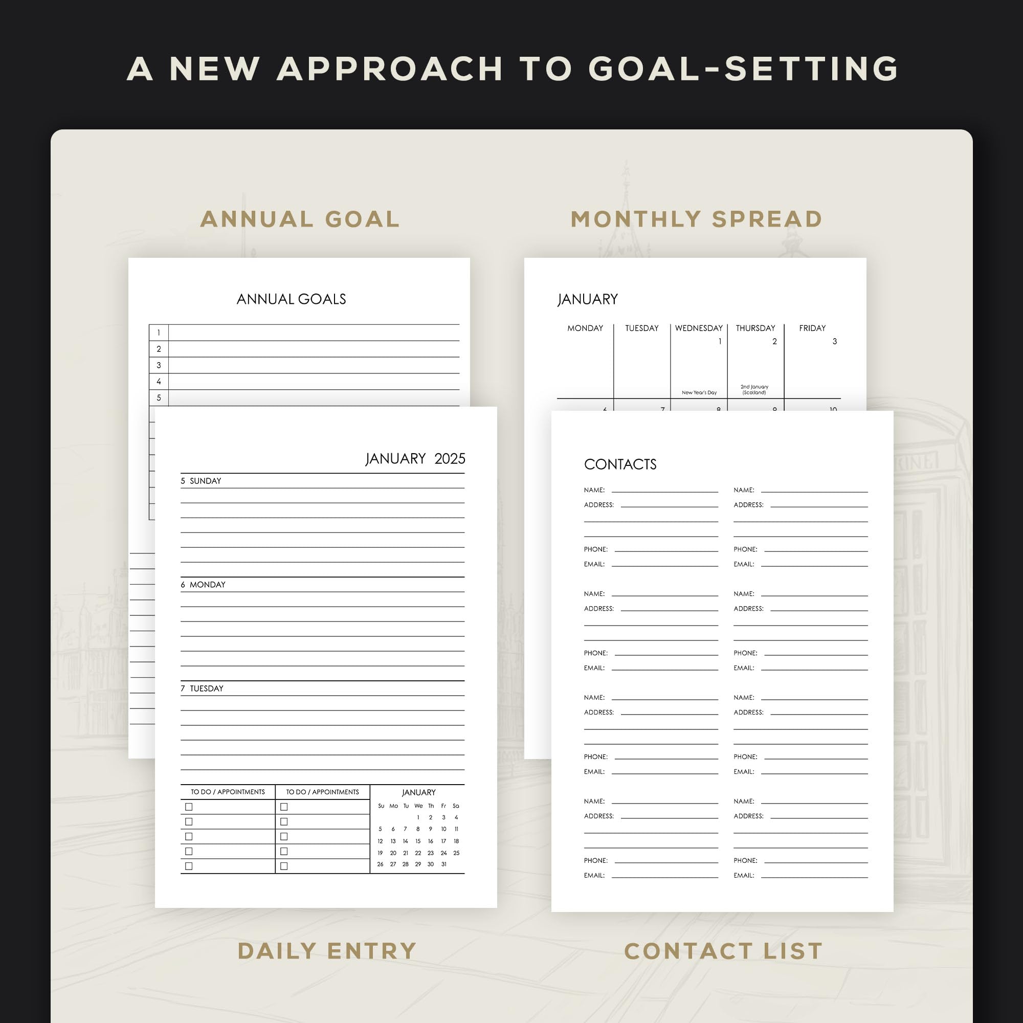 Beechmore Books 2025 Premium A5 Planner - Black Vegan Leather Hardcover Journal with 120gsm Thick Paper | Yearly & Monthly Views, Goal Setting, Appointment Scheduling | Perfect for Work, School & Personal Organization | Gift Box Included