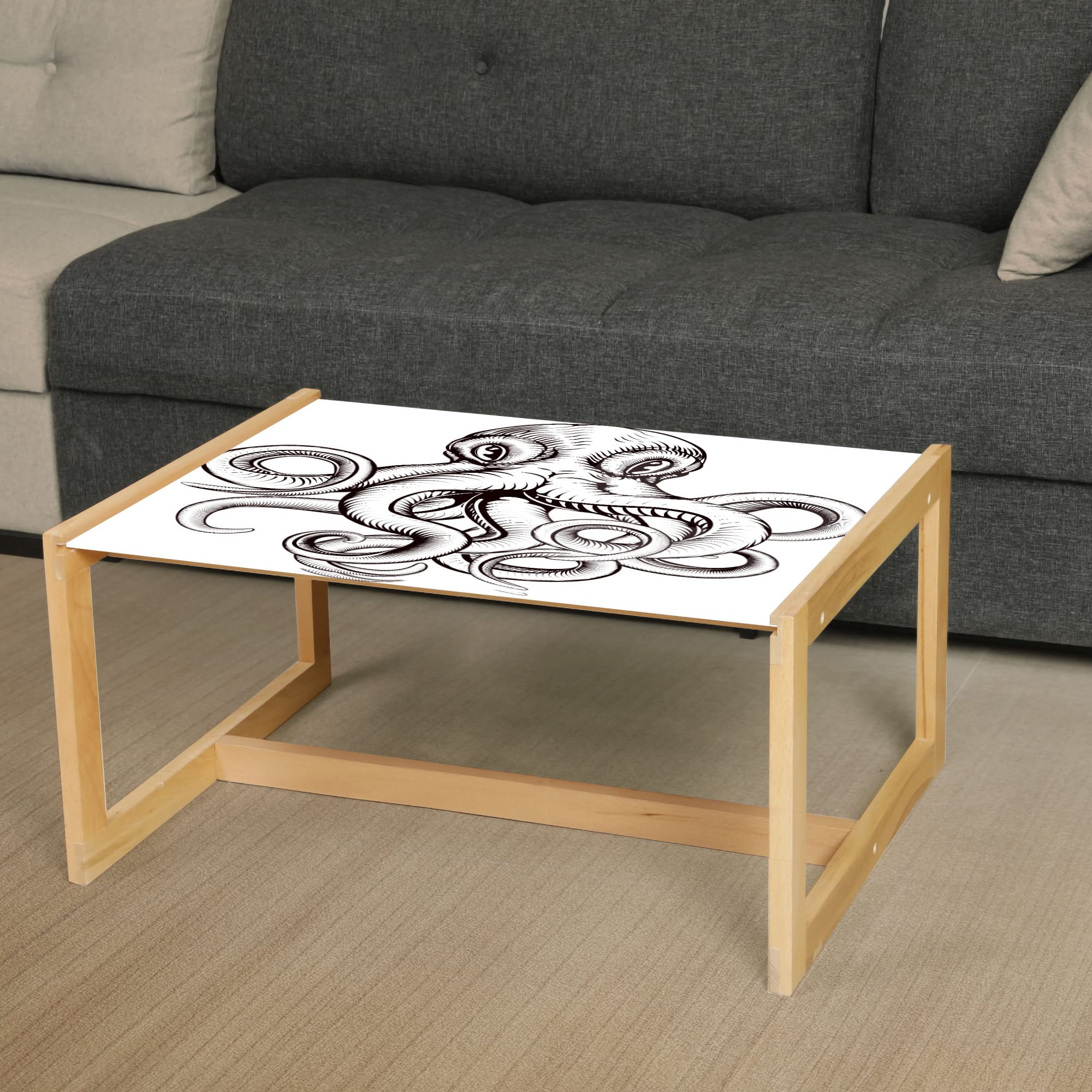 Ambesonne Octopus Coffee Table - Woodblock Style Monochrome Art, Acrylic Glass Top with Wooden Frame, Large Brown & White Center Table for Living Room, Office, Dorm | Unique Home Decor, Modern Furniture for Small Spaces