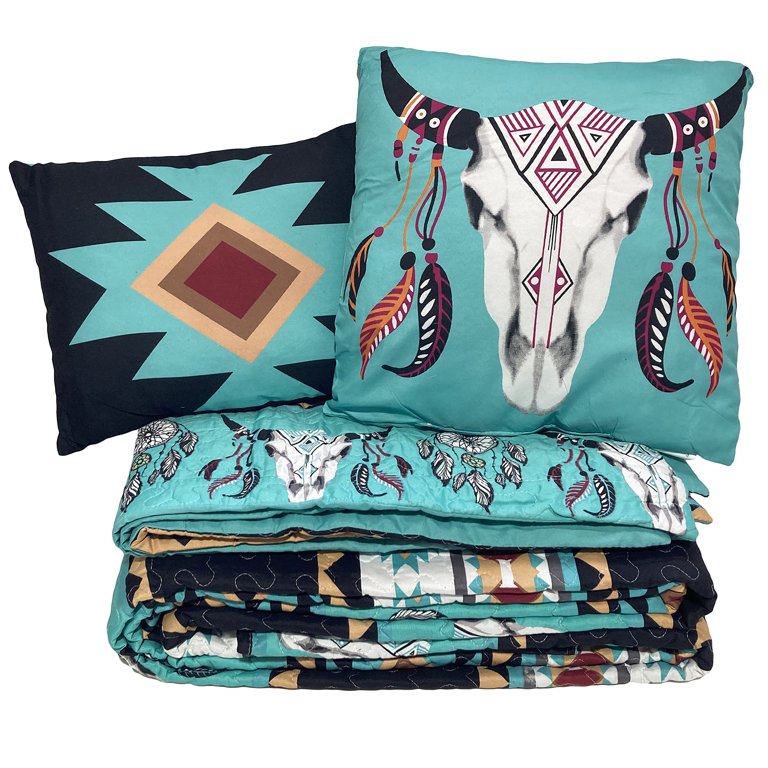 Western Peak 5-Piece Southwestern Boho Bedding Set with Bull Skull & Feather Design - King Size Quilt, Shams & Decorative Pillows in Black Teal | Native Tribal Artisan Style for Southwest Themed Bedrooms