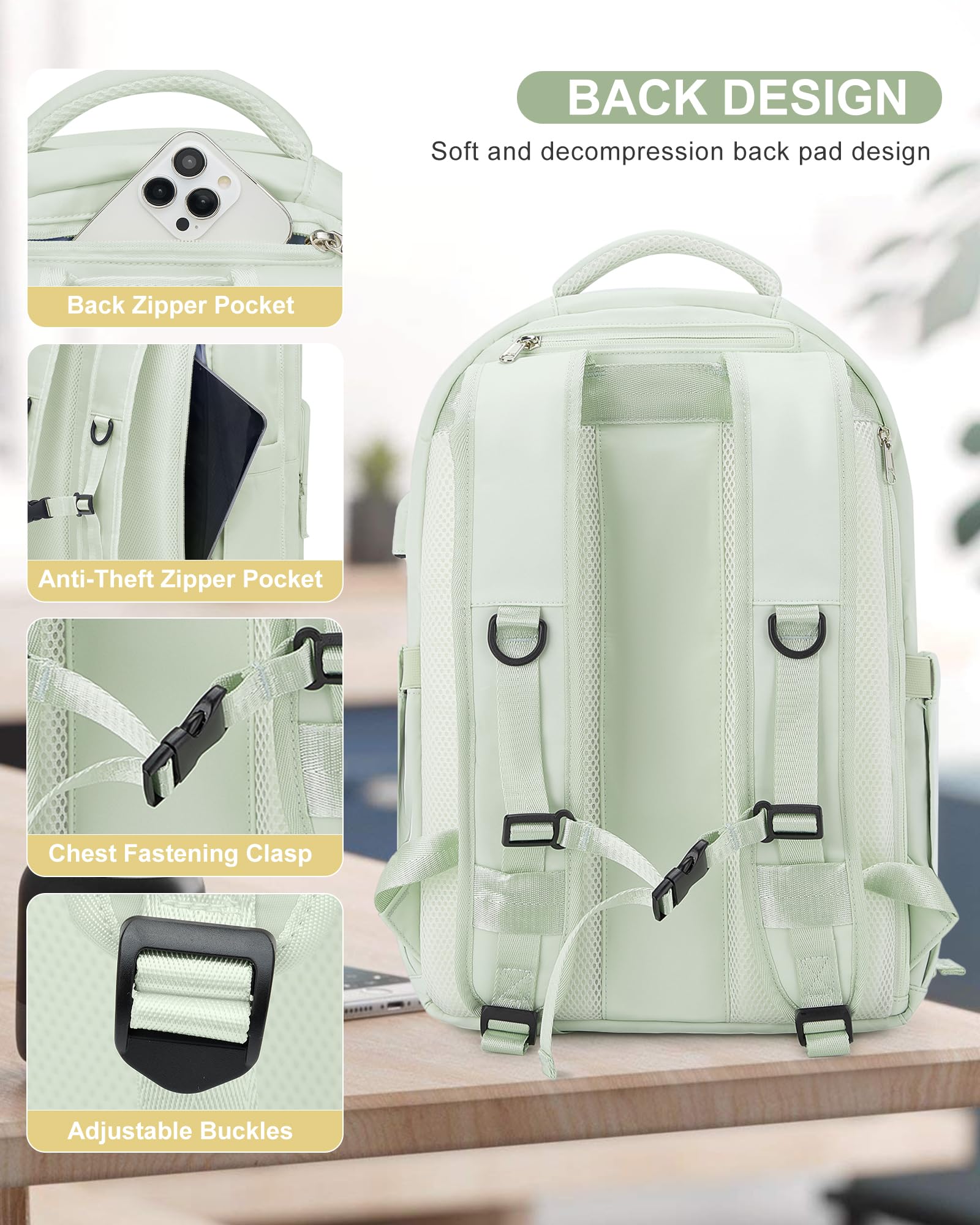 Stylish Mint Green Travel Backpack - Airline Approved, USB Charging for Work & College