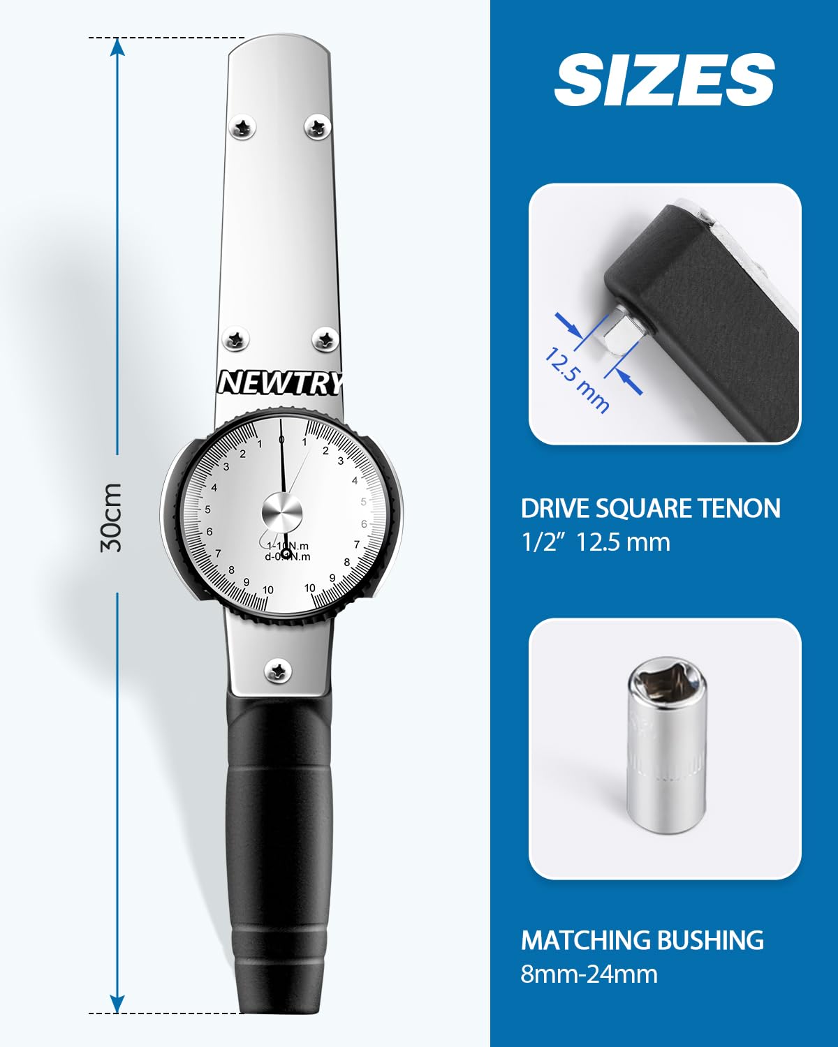 NEWTRY 10-100Nm Dial Torque Wrench - Precision Torque Meter with 1/2 Inch Drive - Professional Torque Force Tester for Automotive, Industrial & Mechanical Applications - Perfect for Engine Repair, Assembly & Maintenance