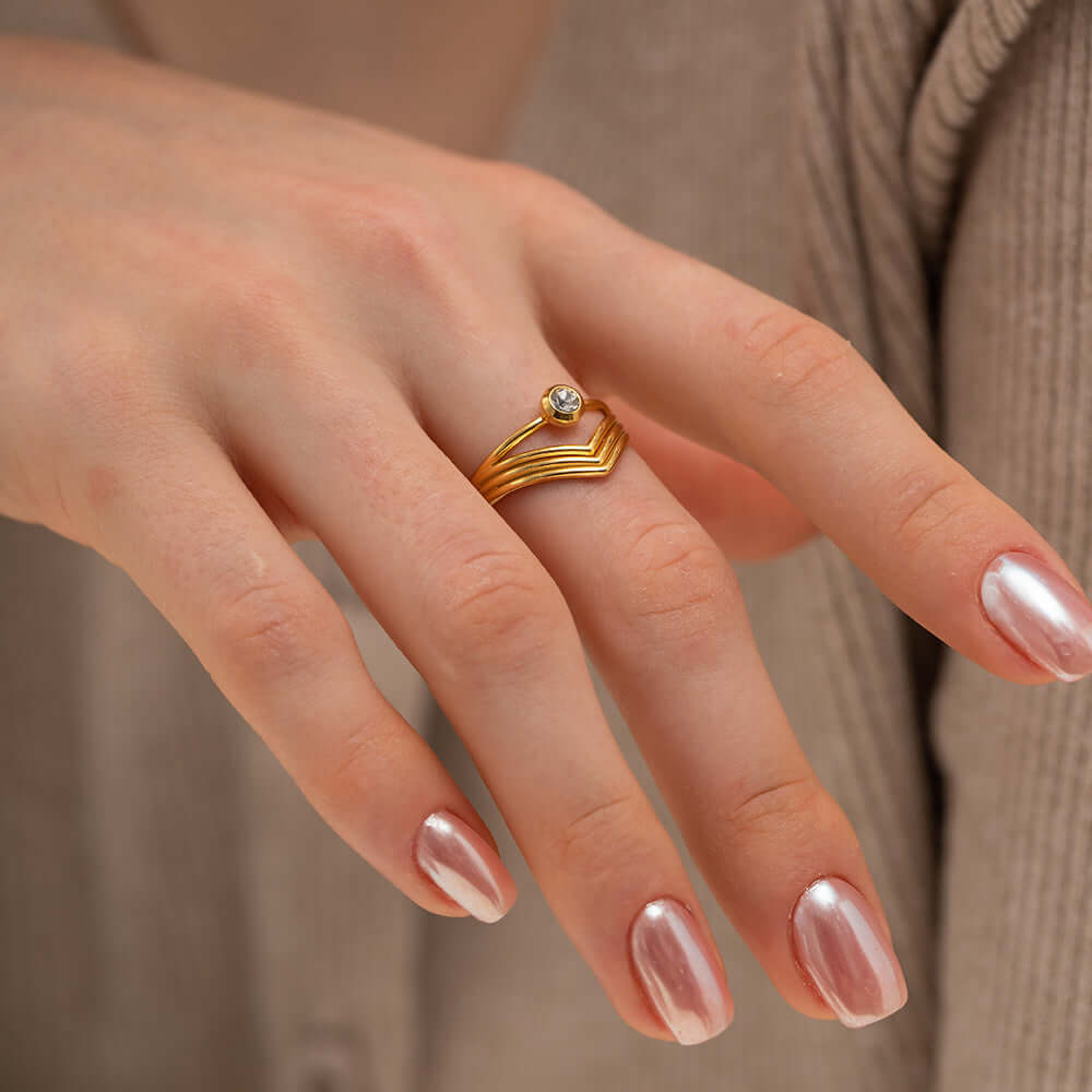 18K Gold Bezel Chevron Ring Stackable - Elegant Dainty Stacking Ring for Women | Perfect for Layering, Everyday Wear & Special Occasions | JDR006