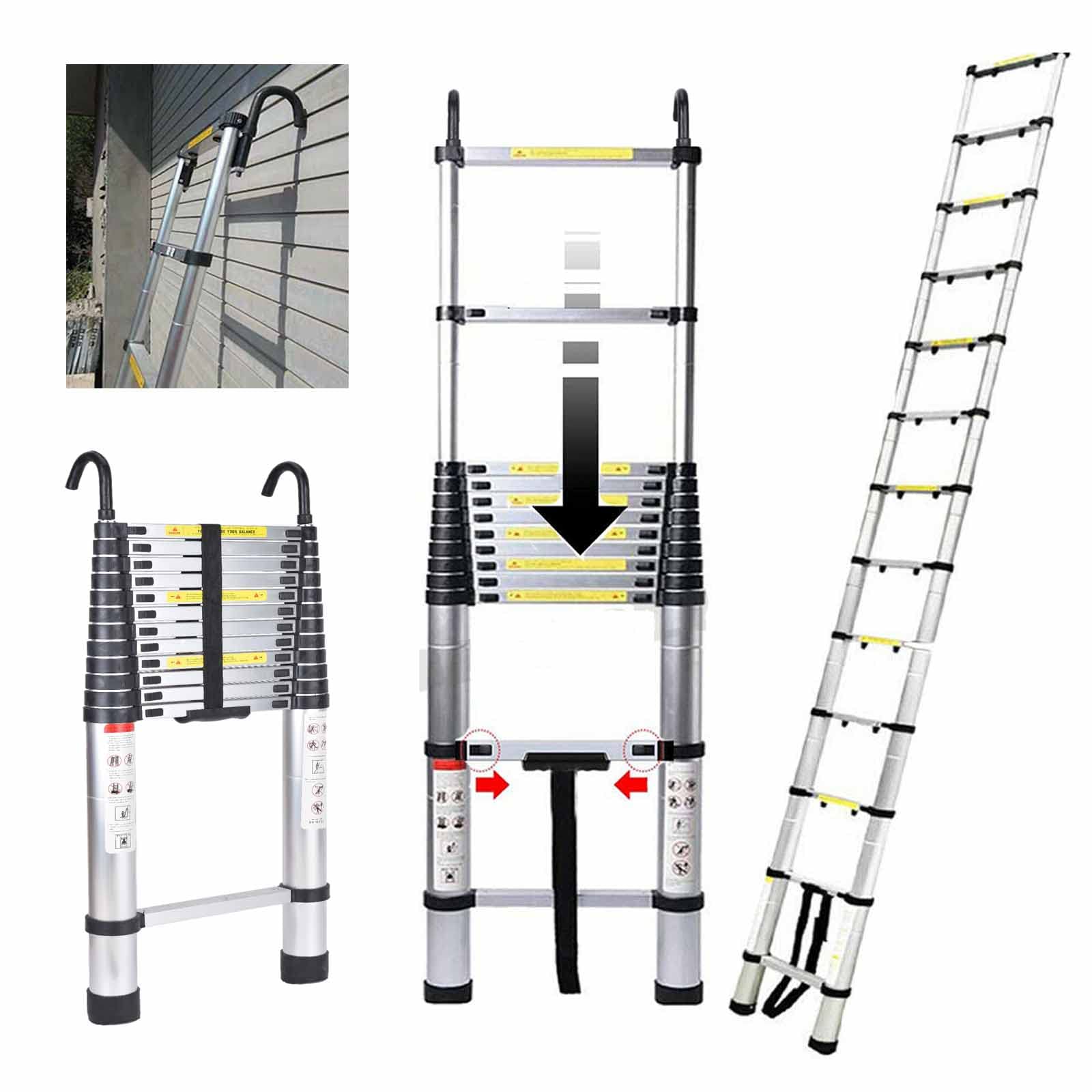 16.4ft Aluminum Telescoping Ladder - EN131 Certified Extension Ladder with 2 Detachable Hooks | 330lbs Max Load | Lightweight & Compact Folding Ladder for Roof Access, Ceiling Work, Home Maintenance, and Outdoor Projects