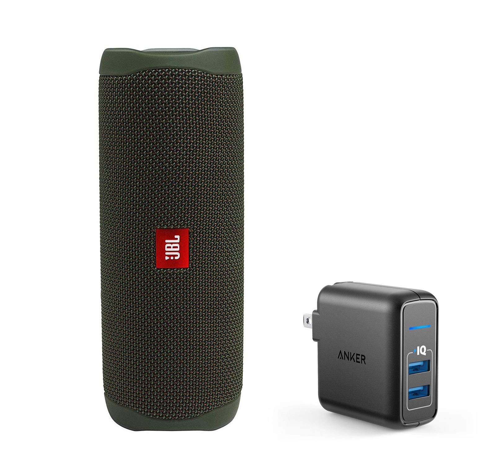 JBL Flip 5 Waterproof Portable Wireless Bluetooth Speaker with 2-Port USB Wall Charger - Green | Perfect for Pool Parties, Beach Outings & Outdoor Adventures