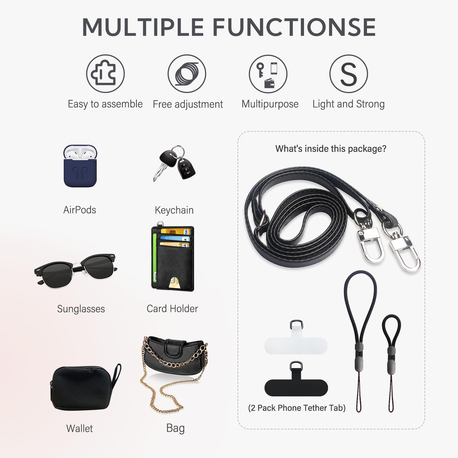 Adjustable Phone Crossbody Strap with Wrist & Finger Straps - for Smartphones (Black) - Perfect for Travel & Daily Use