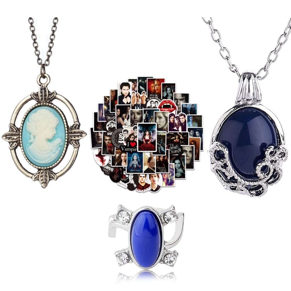 The Vampire Diaries Inspired Jewelry Set - Katherine, Bonnie & Damon Character Pendant Necklaces, Rings & Stickers for Women & Teen Girls | TVD Fan Gifts, Cosplay Accessories & Halloween Costume Jewelry