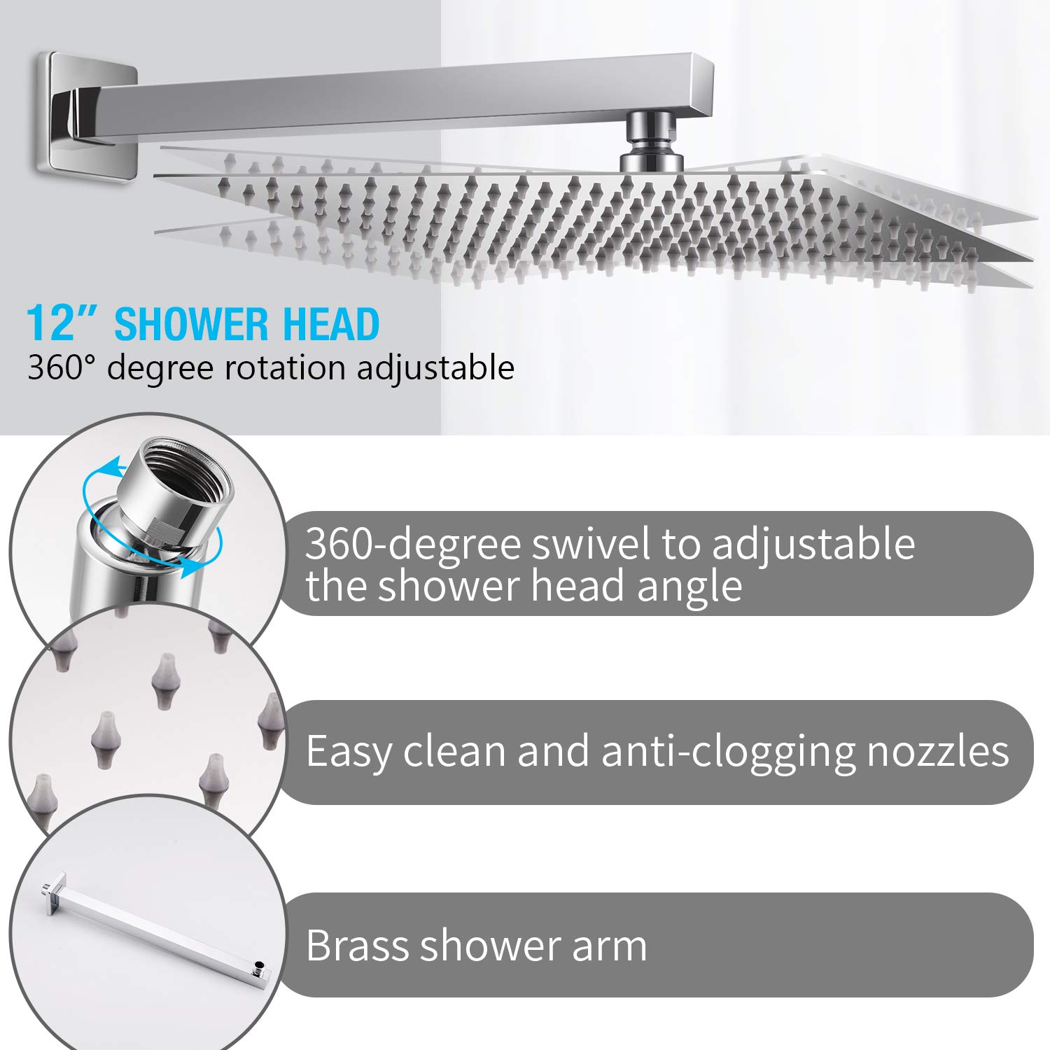 Qomolangma 12 Inch Rain Shower System - Wall Mounted Bathroom Shower Faucet Set with Pressure Balance Valve, 2-Function Shower Head (Rain & Handheld Spray) - Perfect for Modern Bathrooms & Spa-Like Shower Experience