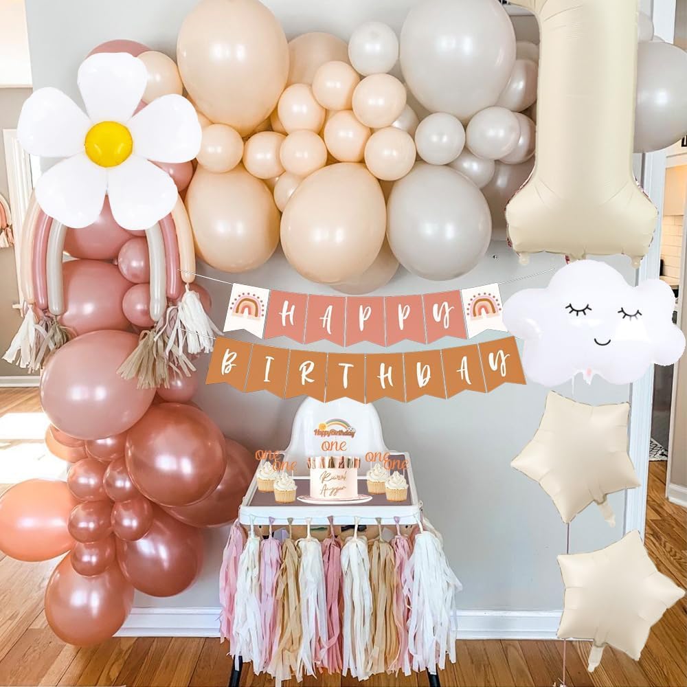 Groovy Boho First Birthday Decorations for Girls - Baby Month Photo Banner, Beige Number 1 Foil Balloon & Rainbow Cake Topper - Perfect for 1st Birthday Parties & Baby Showers