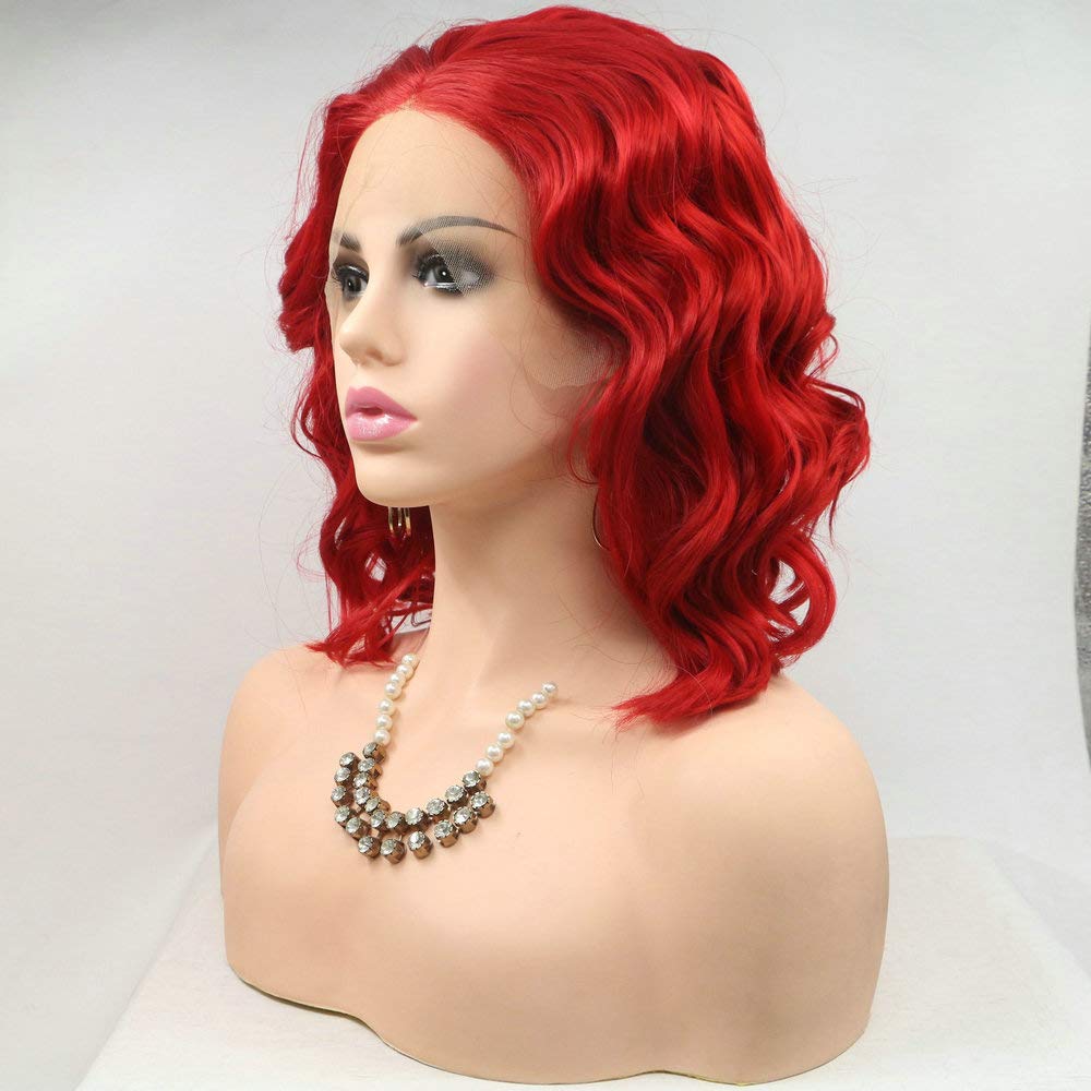 SereneWig Summer Short Hot Red Wigs for Women - 14Inch Synthetic Lace Front Bob Wigs with Heat Resistant Fiber | Cosplay, Daily Use & Party Hairstyle | Shoulder Length Curly Mermaid Red Hair