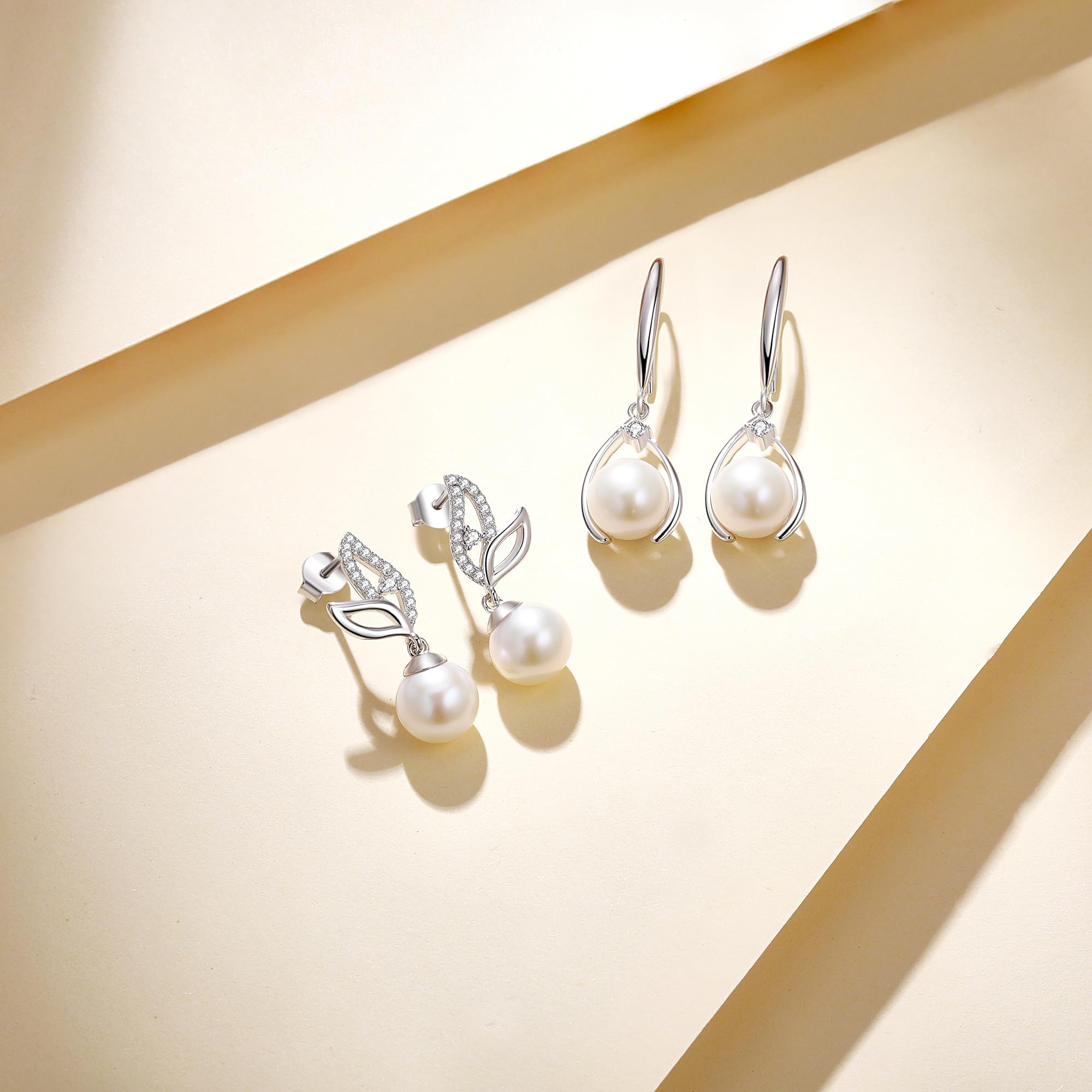 FANCIME 925 Sterling Silver Leaf Pearl Stud Earrings for Women - Genuine 8.5-9mm Freshwater Cultured Pearls, Dangle Earrings, Elegant Pearl Jewelry Gift for Birthday, Wedding & Special Occasions