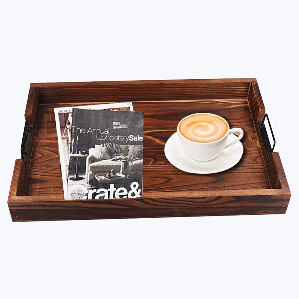 Rustic Wooden Serving Tray Set of 2 - Brown Decorative Food Tray for Coffee, Tea & Snacks - Perfect for Kitchen, Dining Table & Party Serving