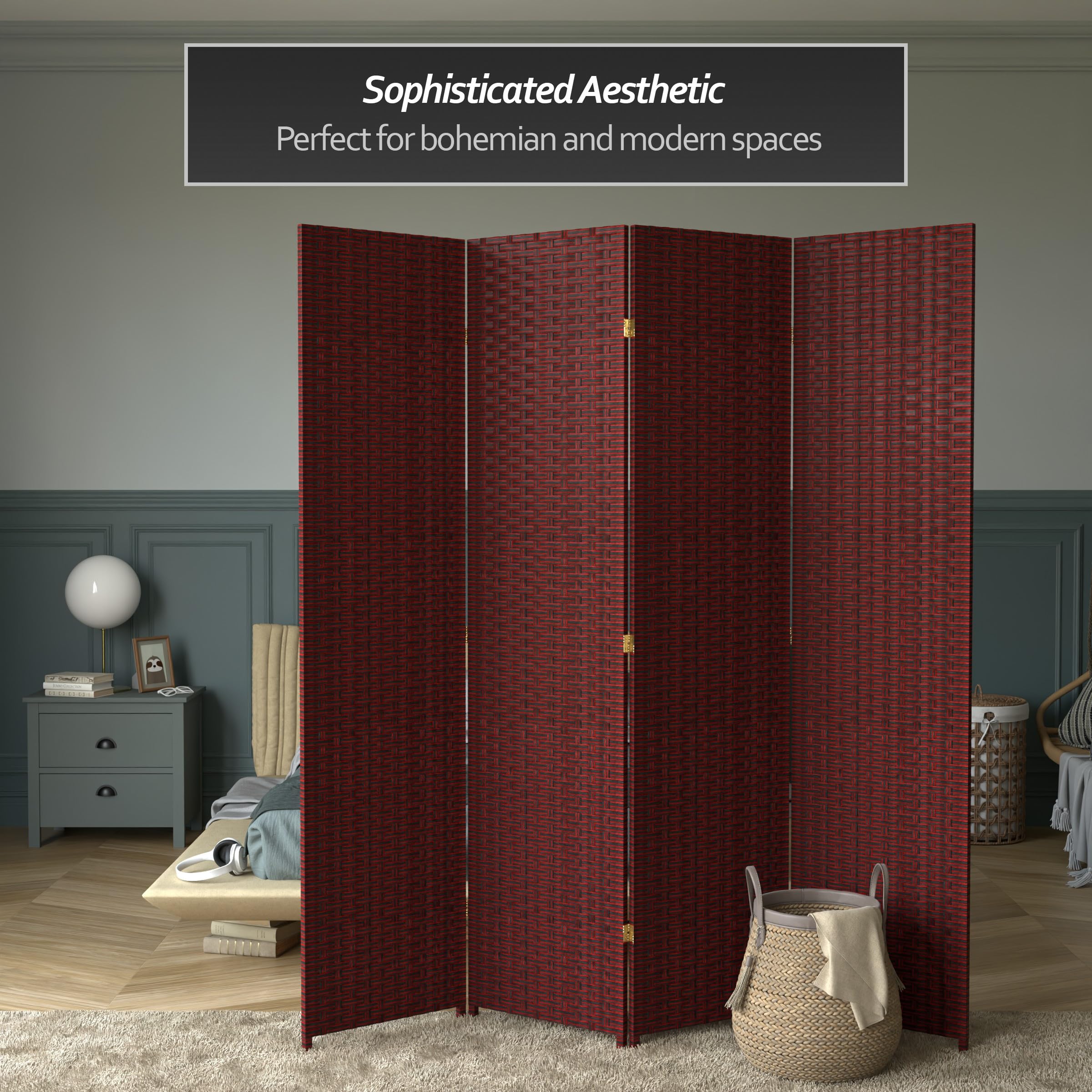 7 ft Tall Red and Black Woven Fiber Room Divider - 4 Panel Folding Privacy Screen for Home, Office, or Outdoor Use