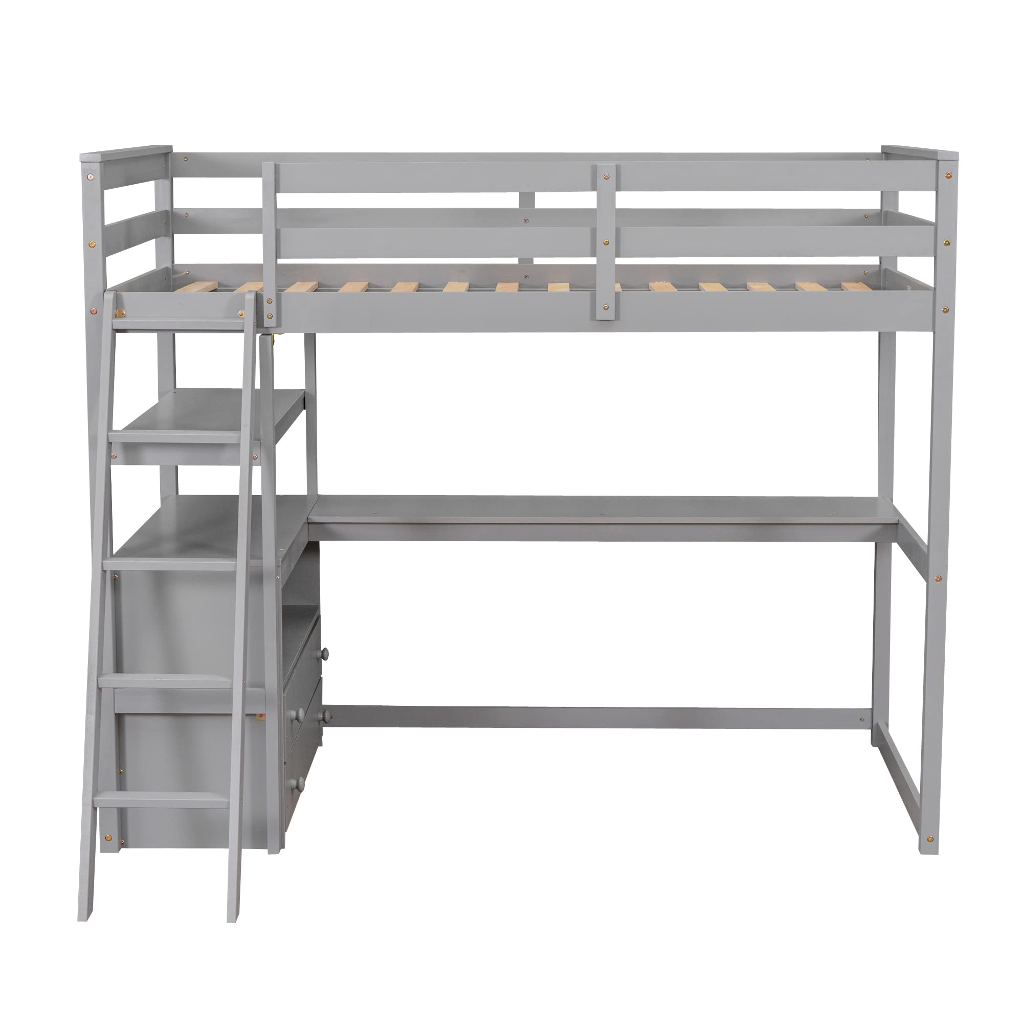Harper & Bright Designs Twin Size Loft Bed with Desk & Shelves for Kids - Space Saving Study Bed with 2 Built-in Drawers, Gray - Perfect for Small Bedrooms, Dorm Rooms & Kids Study Areas
