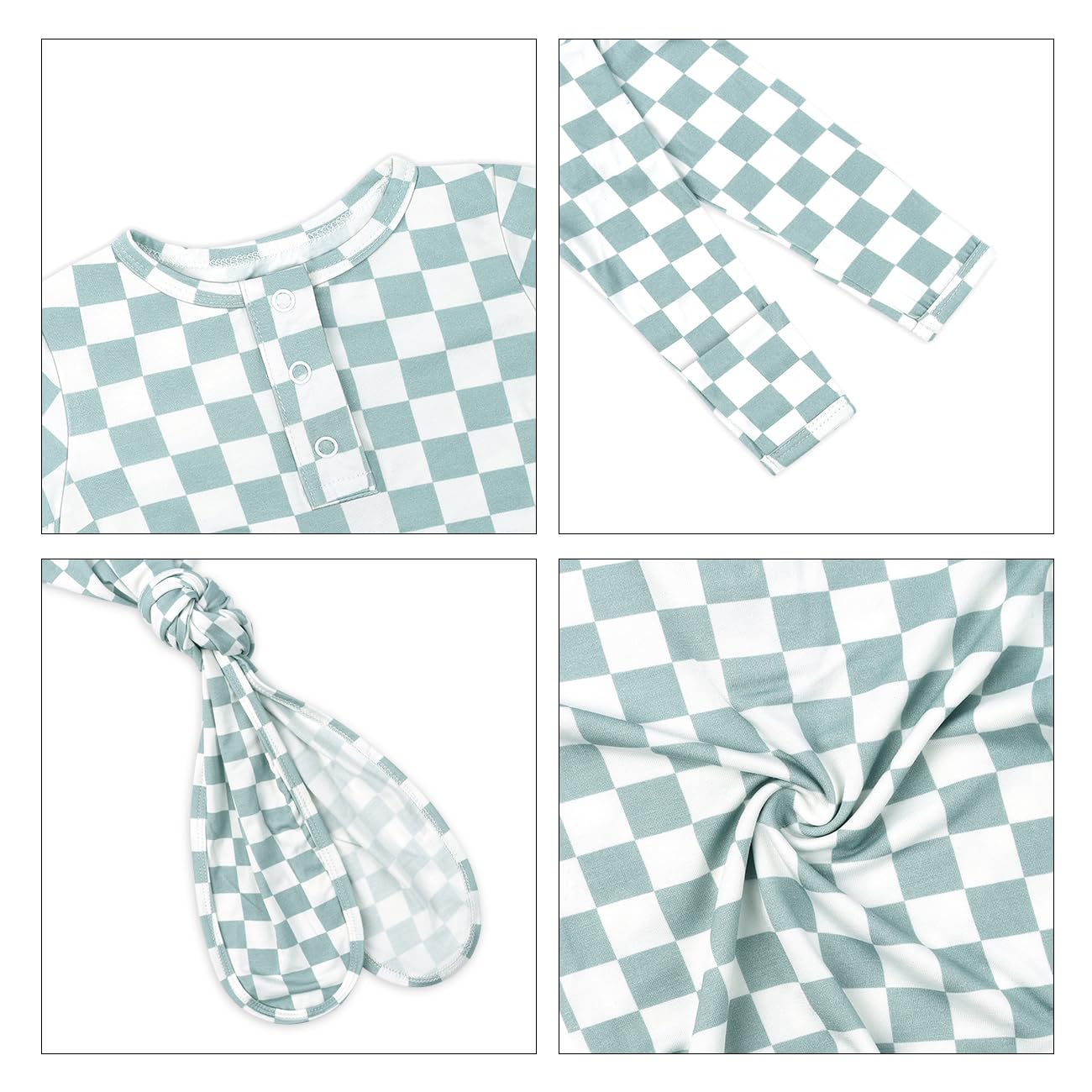 Soft Bamboo Viscose Checkered Knotted Gown for Newborn Baby - Cozy Infant Sleeper with Mittens for Baby Girls & Boys - Perfect for Home, Hospital & Photo Shoots