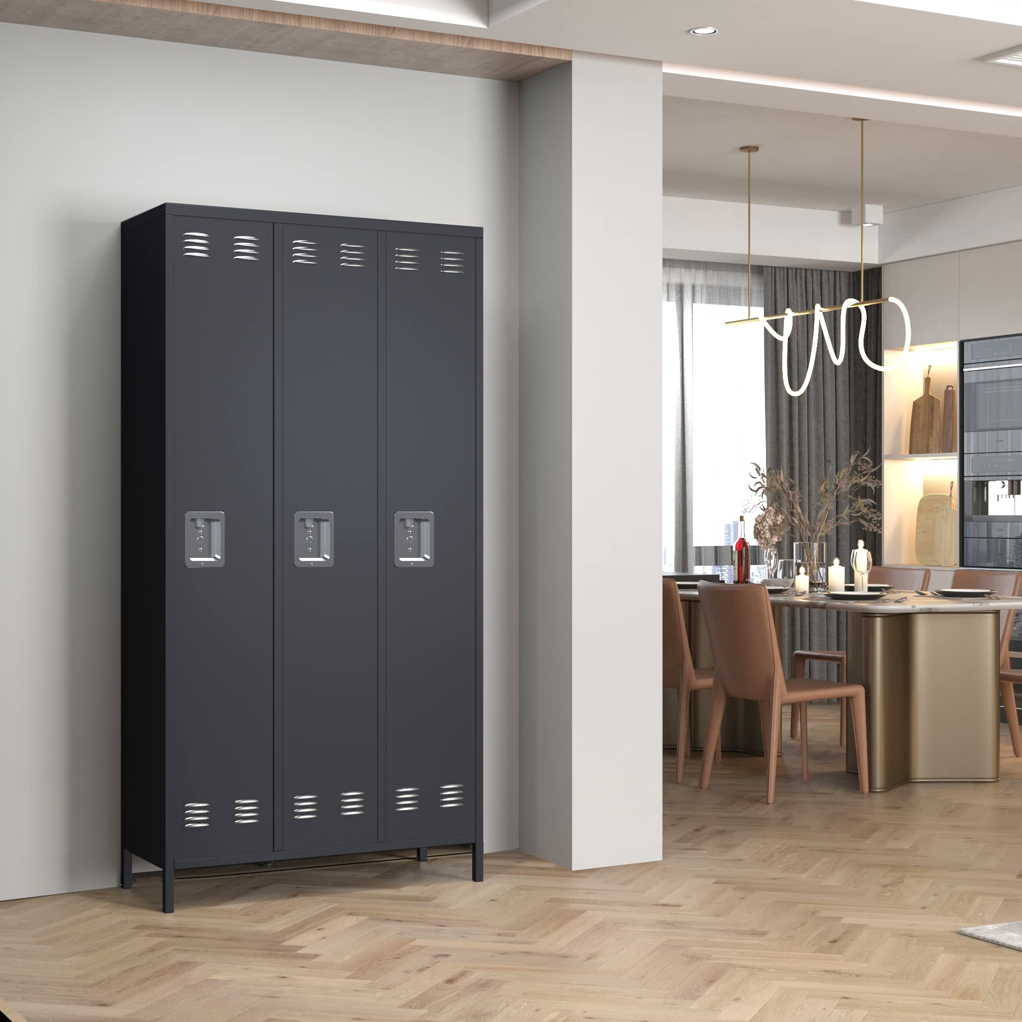 3-Door Metal Lockers for Employees - Heavy Duty Steel Storage with 9 Hooks - Perfect for Offices, Schools, Gyms & Home Use - Easy Assembly Required - Dark Gray Finish - Ideal for Secure Personal Belongings Storage
