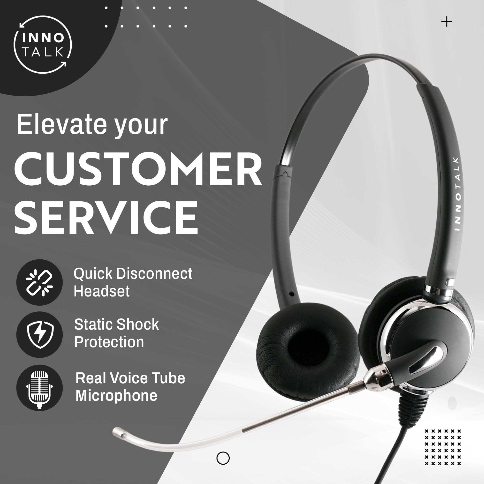 INNOTALK RJ9 Binaural Office Headset - Durable Call Center Headphones with Voice Tube Microphone, Clear Sound, Wired 9ft Cable & QD Pigtail Adapter - Compatible with Polycom, Mitel, Cisco & More - Perfect for Call Centers, Office Communication & Customer Support