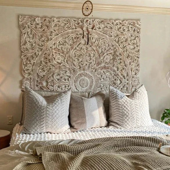 Hand Carved Indian Wooden Bed Frame - Dynasty Low Line Style | Solid Wood Bed with Intricate Carvings | Perfect for Master Bedroom, Guest Room & Bohemian Decor