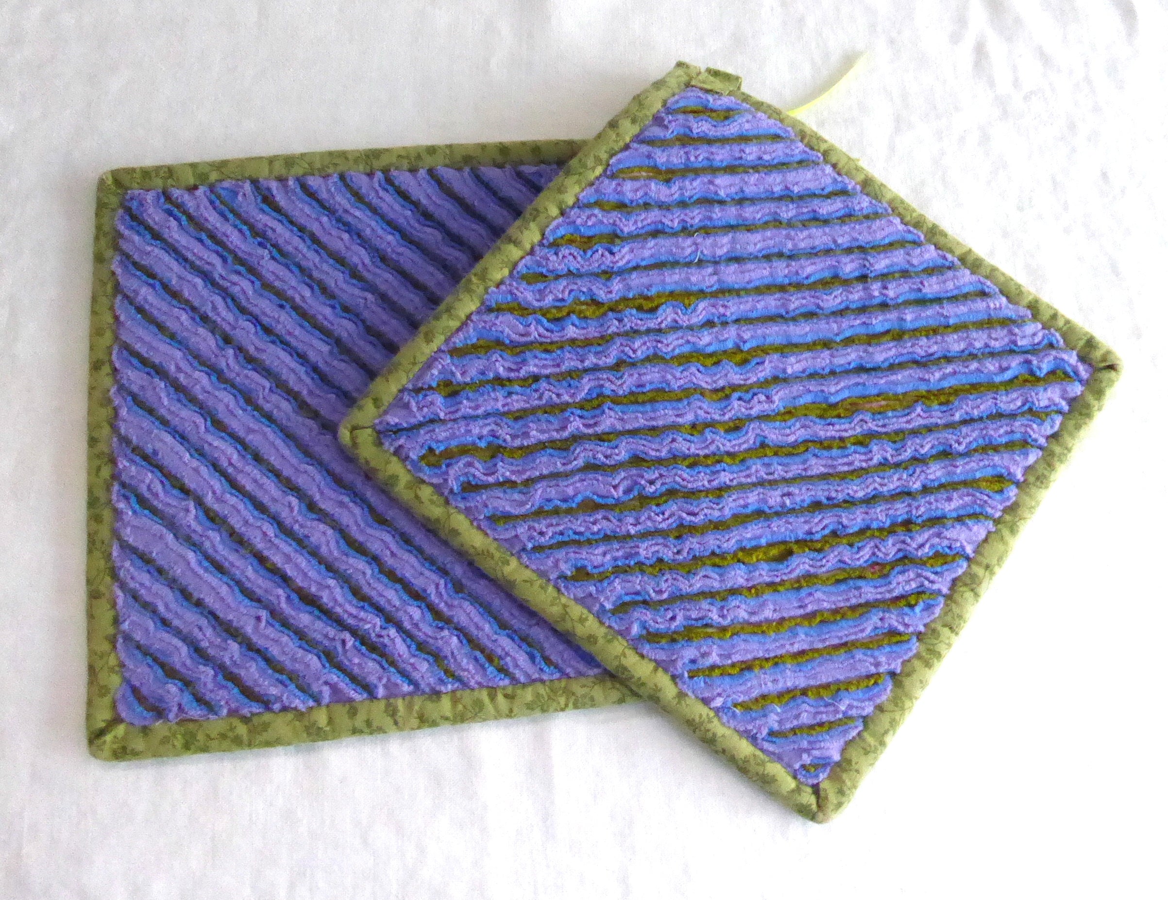 Handmade Purple Teacup Design Potholders with Green Trim - Heat Resistant Kitchen Accessories (Pair) - Supports Animal Charity | Perfect for Baking, Cooking, and Home Decor