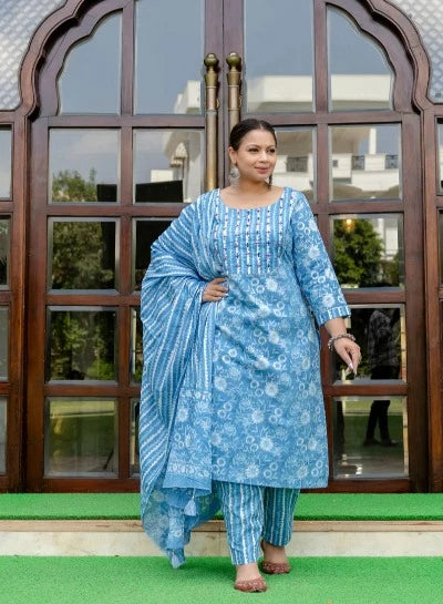 Plus Size Sky Blue Printed Salwar Suit for Women - UK Next Day Delivery | Elegant Indian Ethnic Wear for Weddings & Festivals