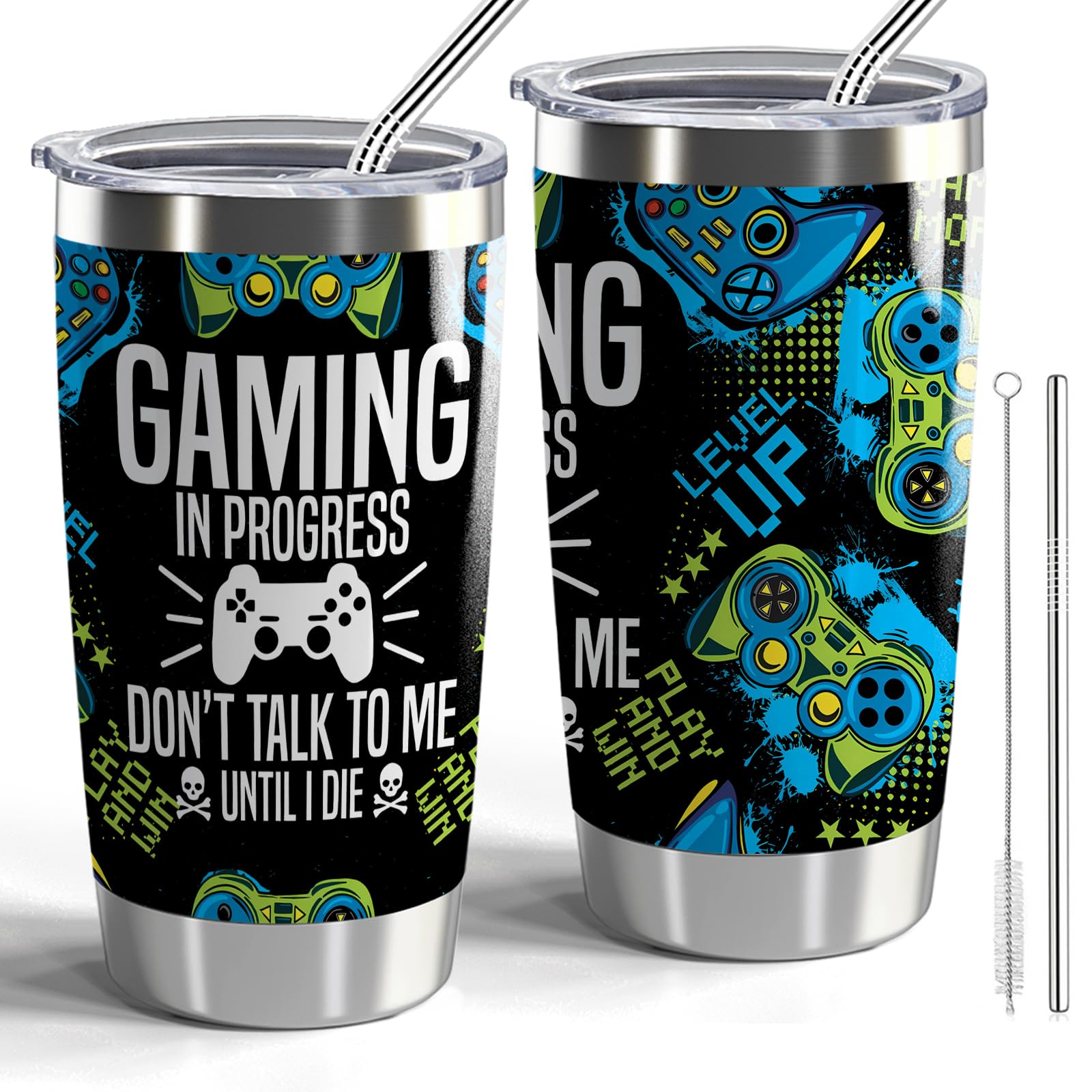 20oz Insulated Tumbler with Lid & Straw - Perfect Gaming Travel Mug for Gamers | Great Birthday Gift for Gamer Friends, Brothers, Boyfriends & Husbands | Ideal for Gaming Sessions, Office Use & Outdoor Adventures