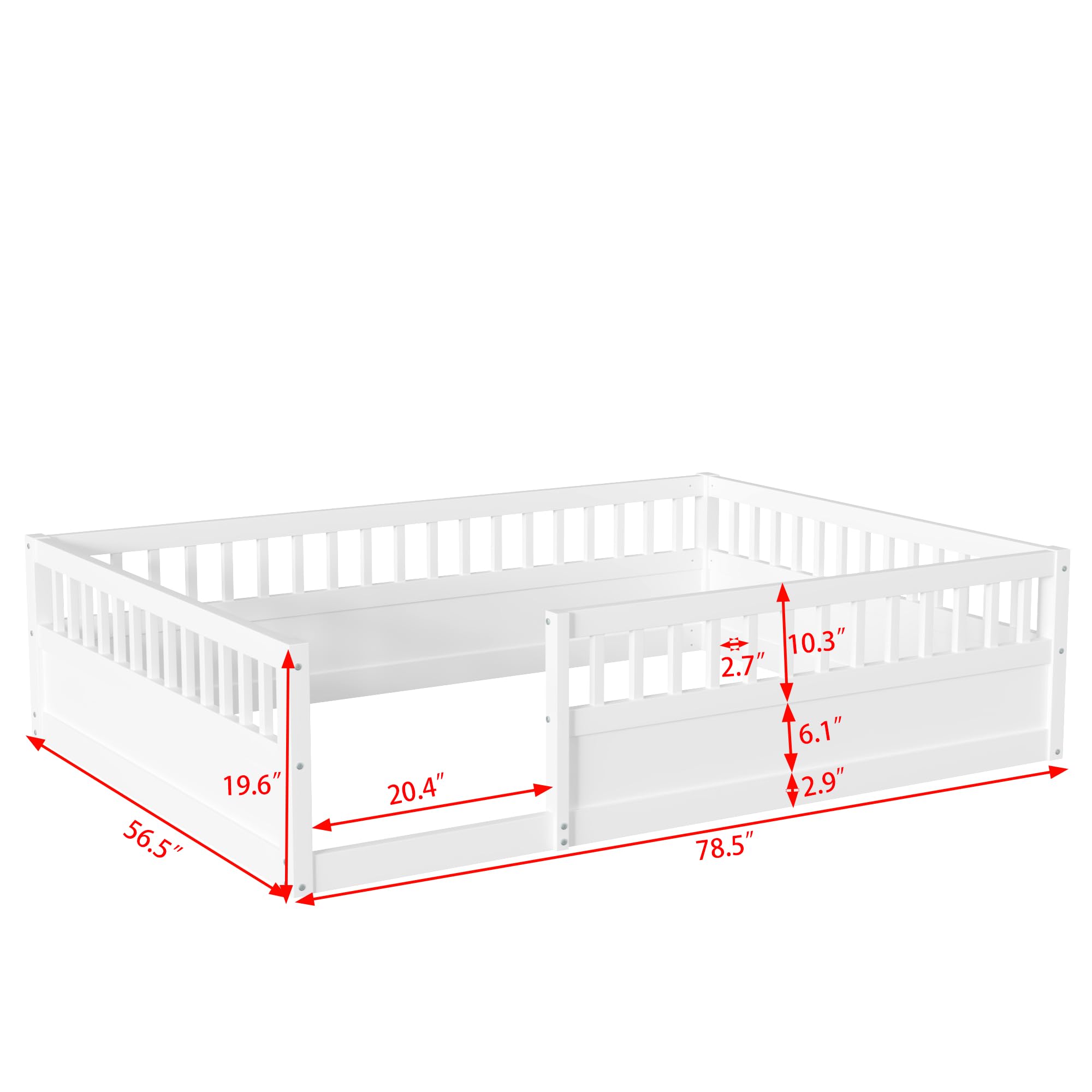 Montessori Full Size Toddler Floor Bed with Safety Fence & Solid Wood Guardrails - White Playhouse Bed for Kids Room | Safe Sleeping & Play Area for Toddlers, Daytime Naps & Montessori Learning Activities