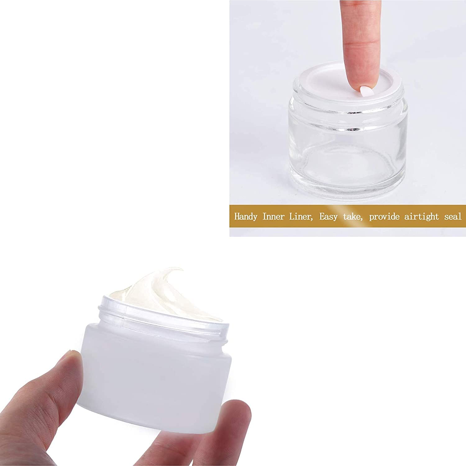 DINEMART 2-Pack 50g Frosted Glass Jars with Golden Caps & White Inner Lids - 100% Leak Proof Refillable Empty Cosmetic Containers for Creams, Lip Balm, DIY Skincare, Beeswax, Beauty Products | Perfect for Home Organizing, Travel & Gift Packaging