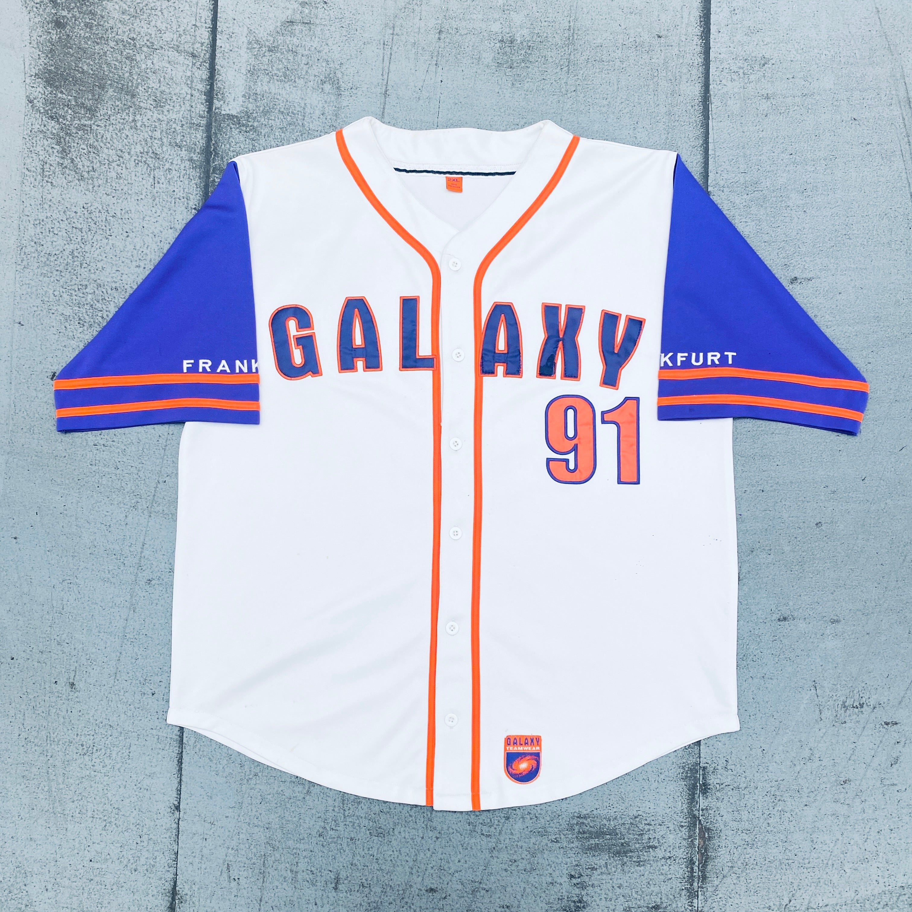 WLAF: Frankfurt Galaxy 1991 Inaugural Season Embroidered Spellout Baseball Jersey - Vintage XL/XXL Size for Football Fans & Sports Collectors - Perfect for Game Day, Cosplay, and Memorabilia Display