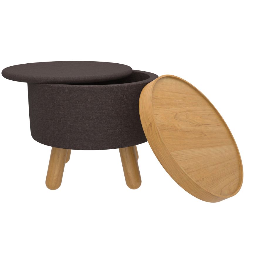 Betsy Round Storage Ottoman with Tray - Charcoal & Natural Fabric - Versatile Footrest, Coffee Table & Hidden Storage for Living Room, Bedroom & Nursery