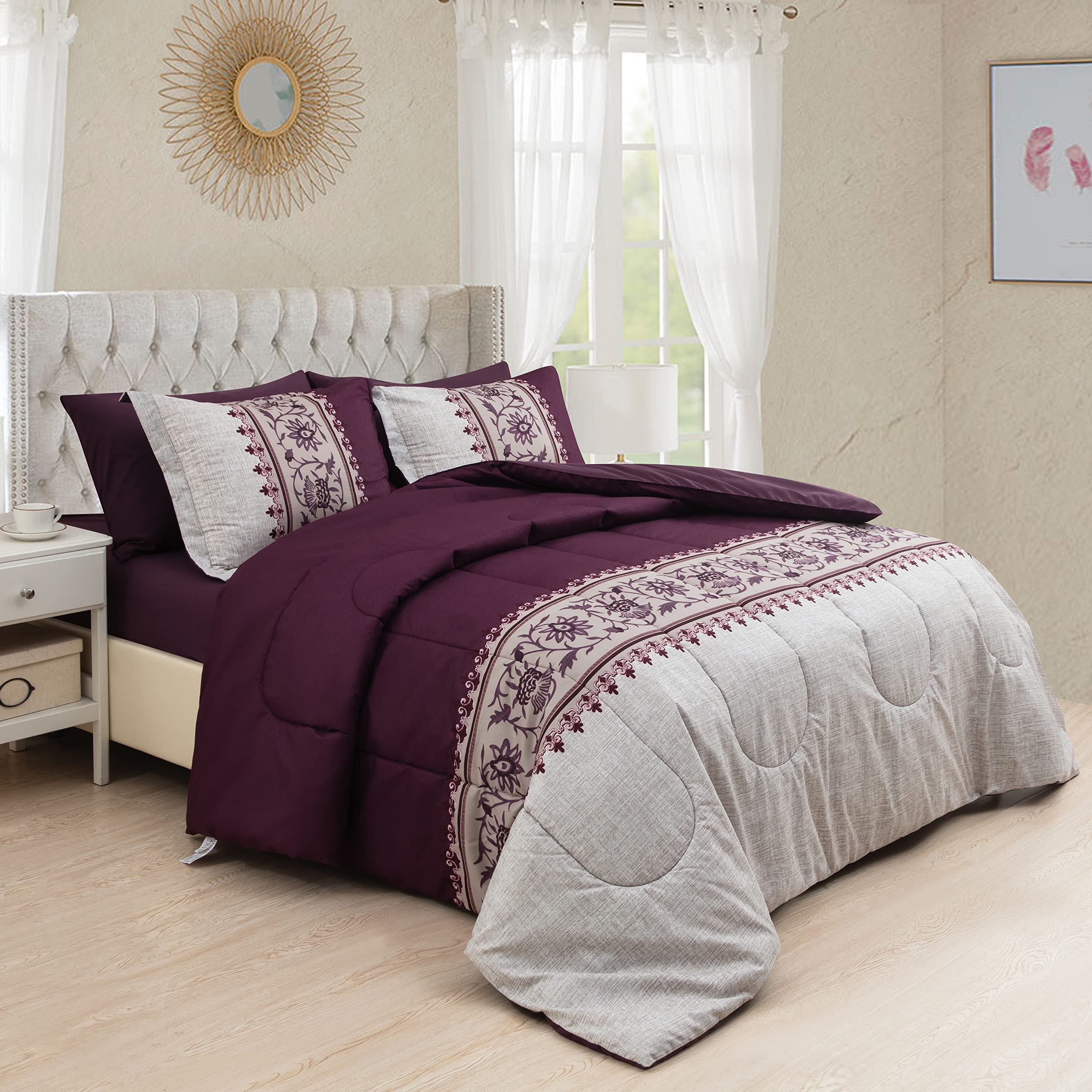 Ultra Soft Luxury Fluffy Goose Down Alternative 5-Piece Comforter Set with 3-Piece Sheet Set - Modern Eggplant Floral Print Twin Size Bedding | Perfect for Guest Rooms, Dorm Decor & Cozy Bedroom Makeovers