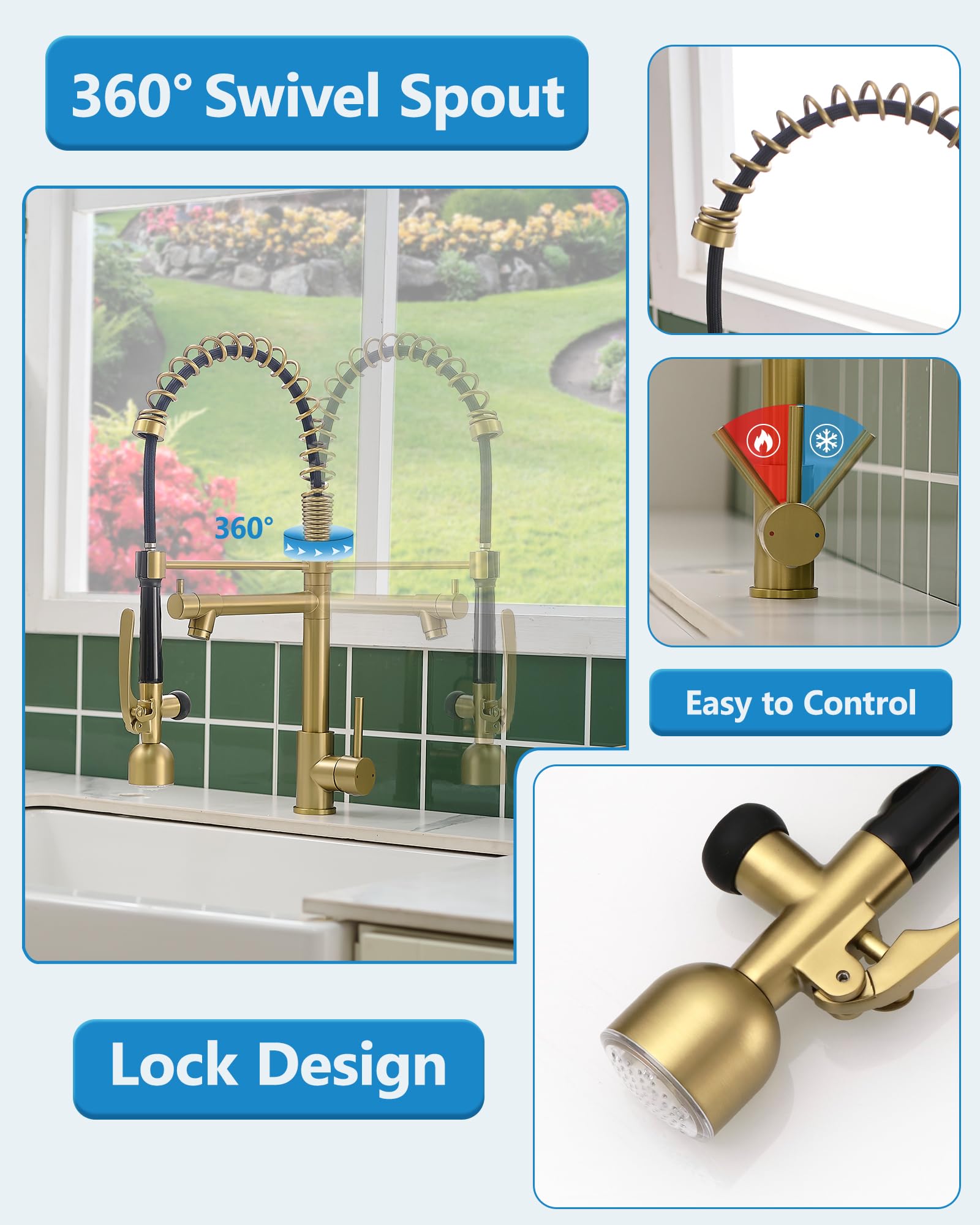 Fapully Single Handle High Arc Brushed Gold Pull Down Kitchen Faucet with LED, Modern Kitchen Sink Faucet with Pull Down Sprayer for Home and Commercial Use