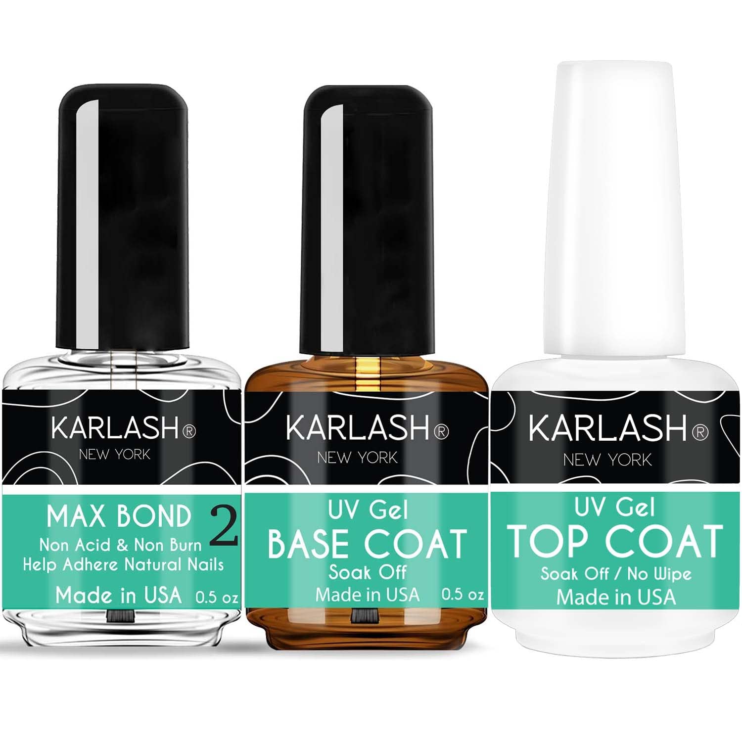 Karlash Professional 3-Piece Gel Nail Polish Set - No Wipe Top Coat, Base Coat & Max Bond for Shine & Long-Lasting Wear | Soak Off UV Gel | Perfect for Salon & At-Home Manicures